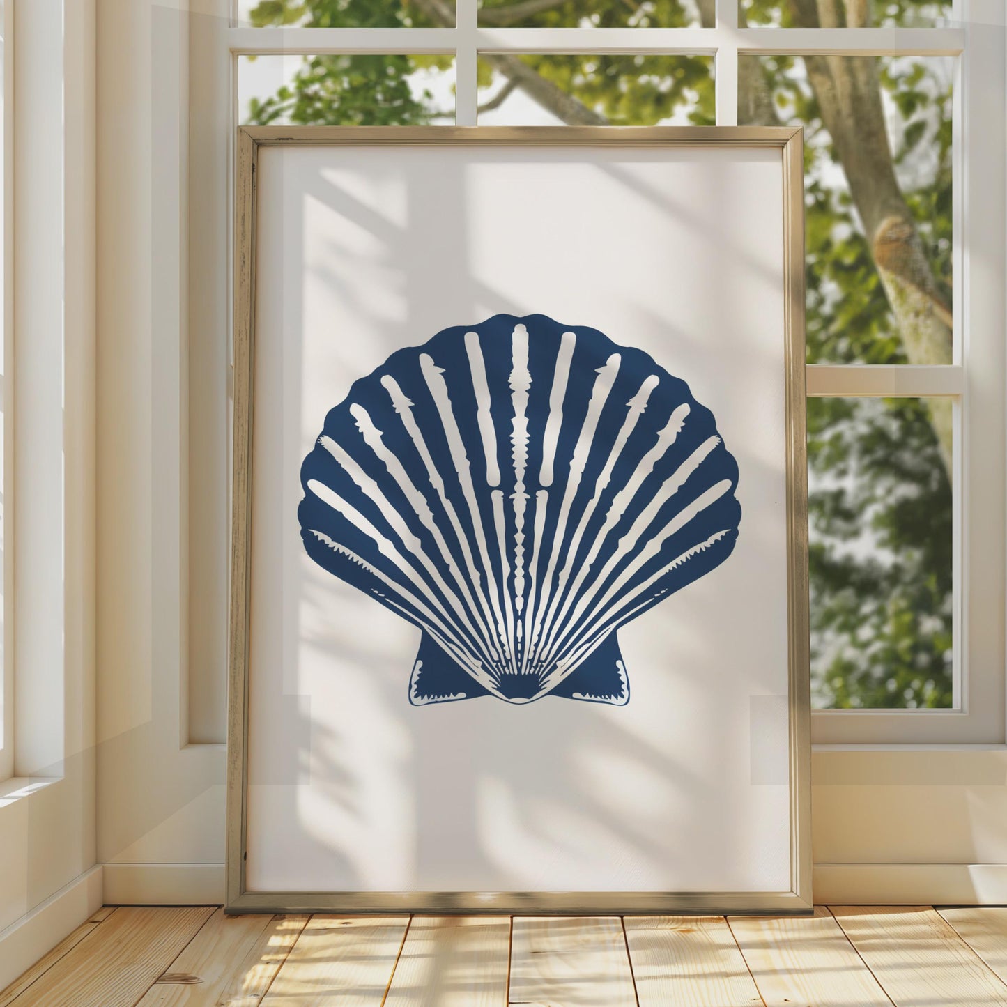 Scallop Shell Poster, Navy Blue Nautical Wall Art, Coastal Animal Print, Beach House Decor wall art print