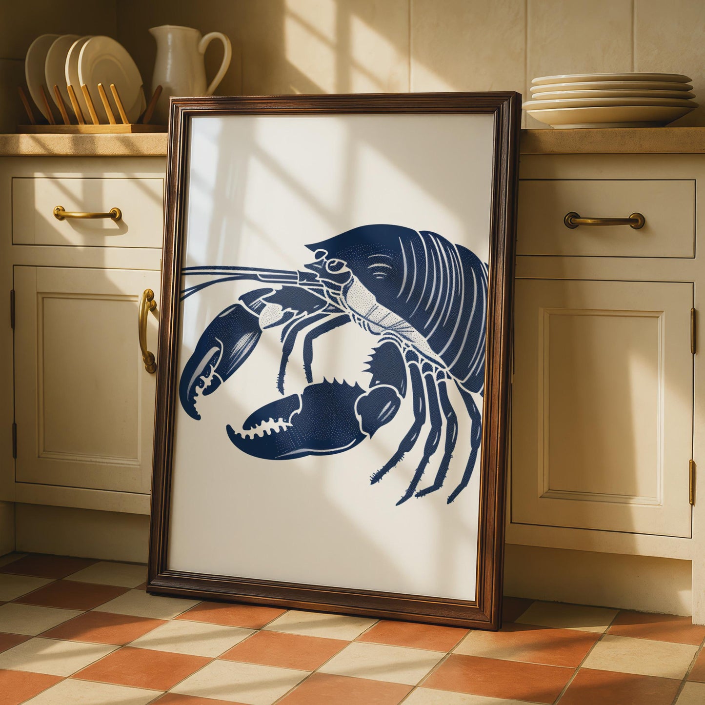 Navy Blue Lobster Illustration Print, Nautical Coastal Animal Wall Art wall art print