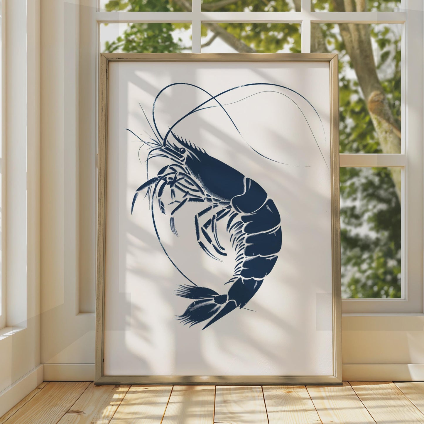 Navy Blue Prawn Art Print, Minimalist Coastal Sea Life Poster wall art print