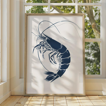 Navy Blue Prawn Art Print, Minimalist Coastal Sea Life Poster wall art print