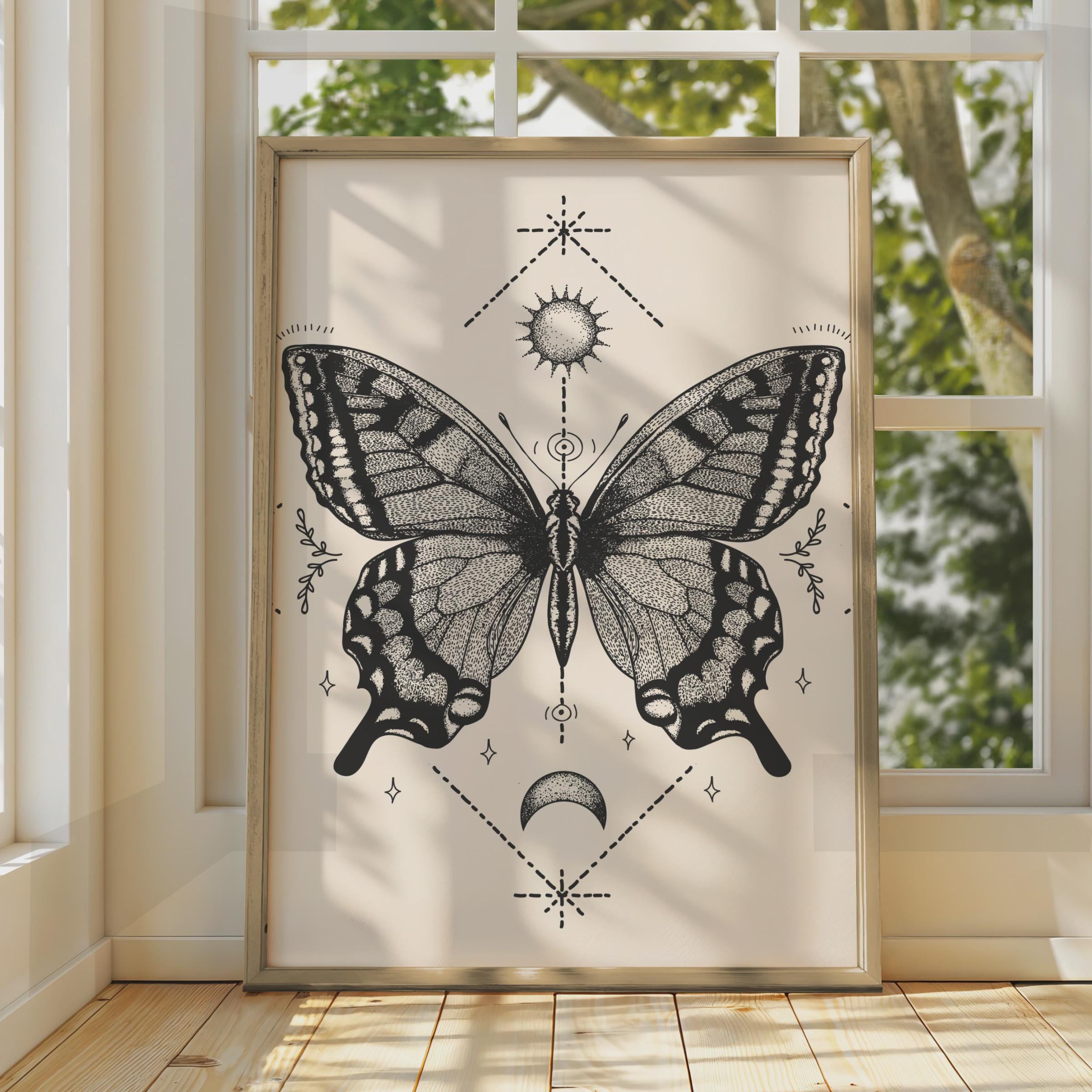 Vintage Butterfly Art Print, Intricate Black and White Butterfly Poster, Mystical Wall Decor wall art print