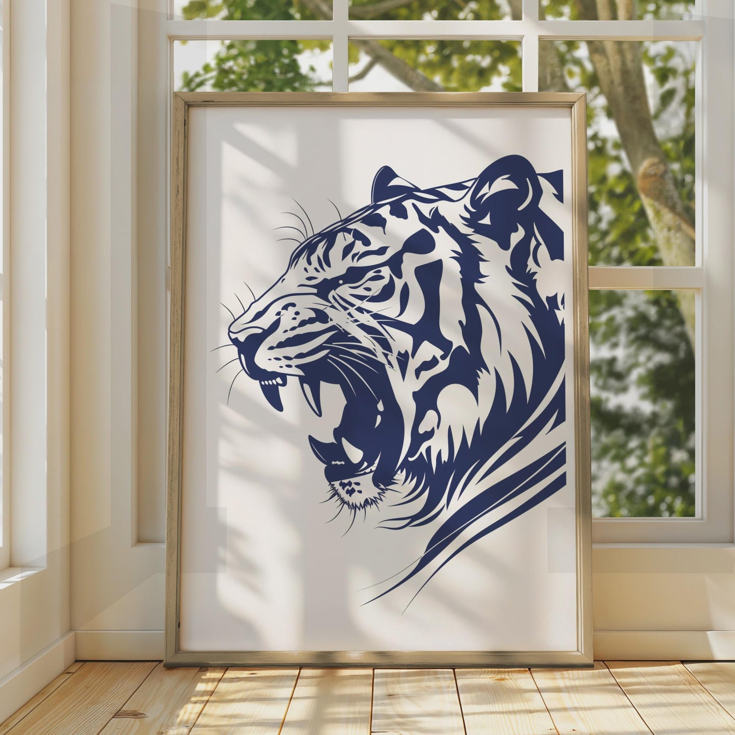 Roaring Tiger Poster, Navy Blue Animal Print, Bold Wildlife Wall Art, Big Cat Decor wall art print