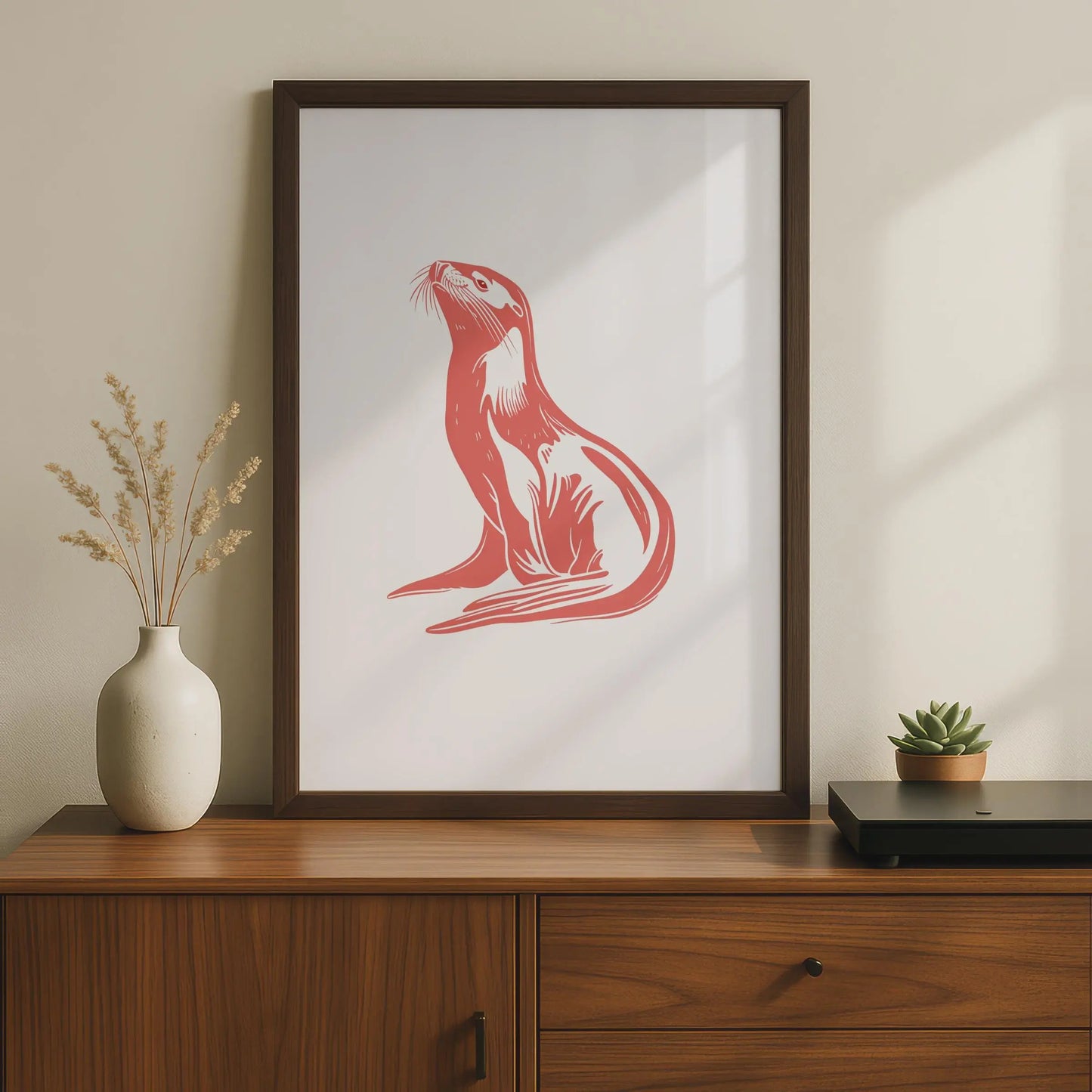 Otter Animal Poster, Coral Red Wildlife Print, Minimalist Otter Wall Art, Nature Decor wall art print