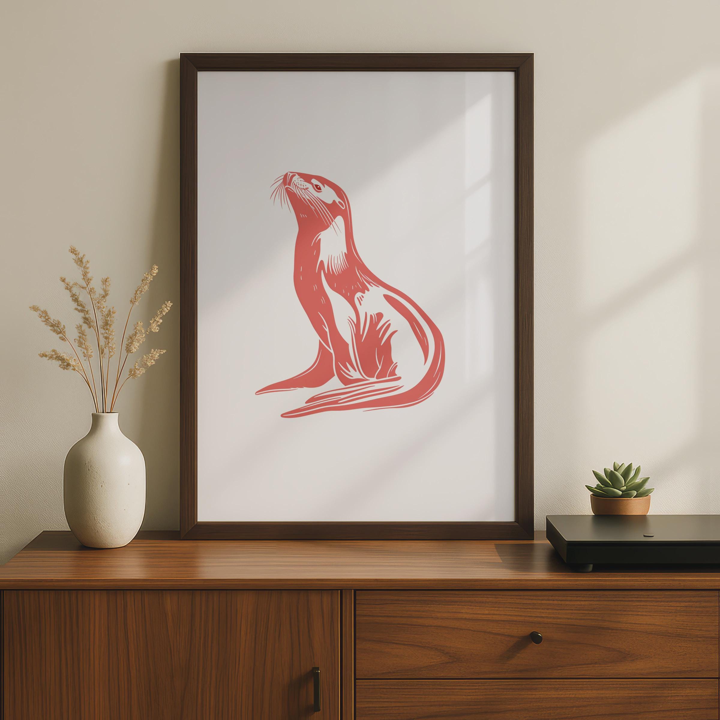 Otter Animal Poster, Coral Red Wildlife Print, Minimalist Otter Wall Art, Nature Decor wall art print