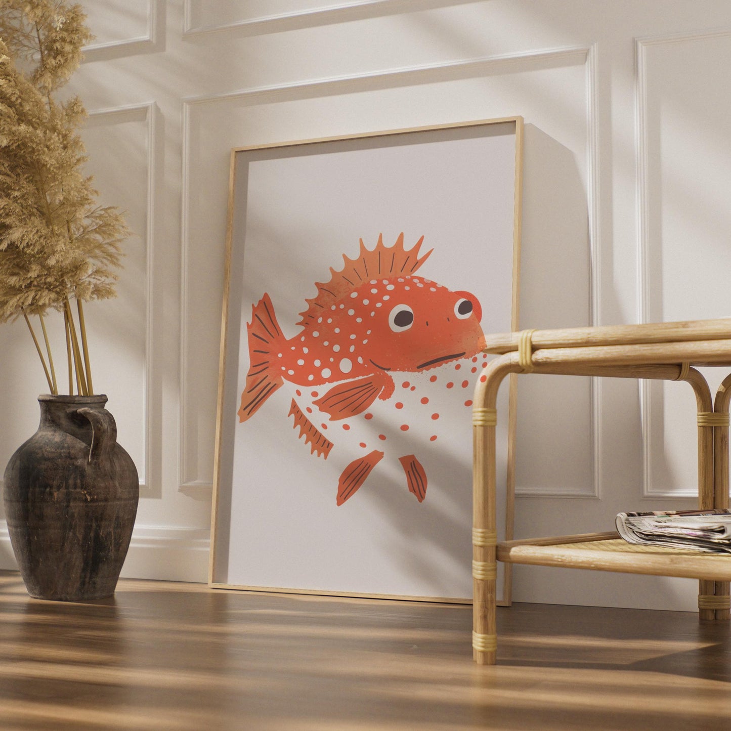 Spiky Orange Fish Print, Quirky Sea Creature Wall Art, Kids Room Decor wall art print