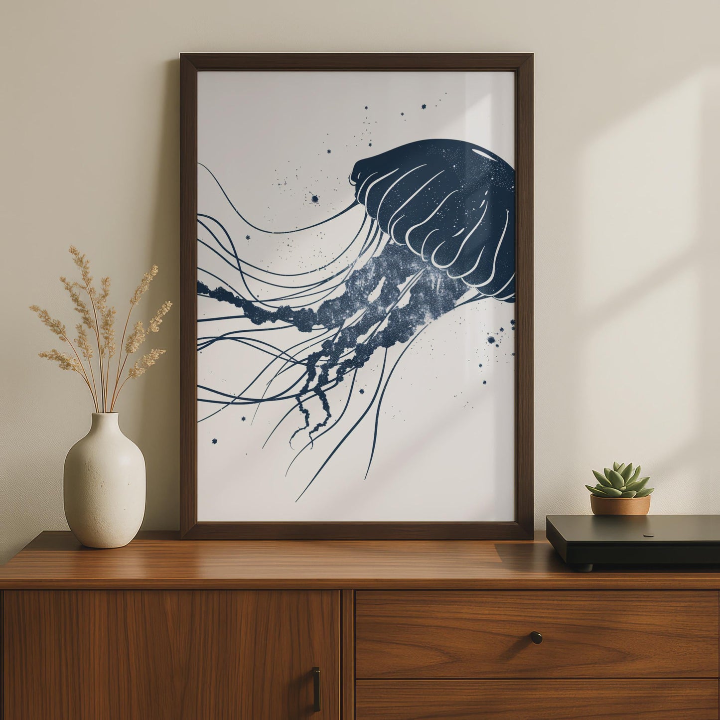 Jellyfish Poster, Navy Blue Ocean Animal Print, Minimalist Sea Wall Art, Coastal Decor wall art print