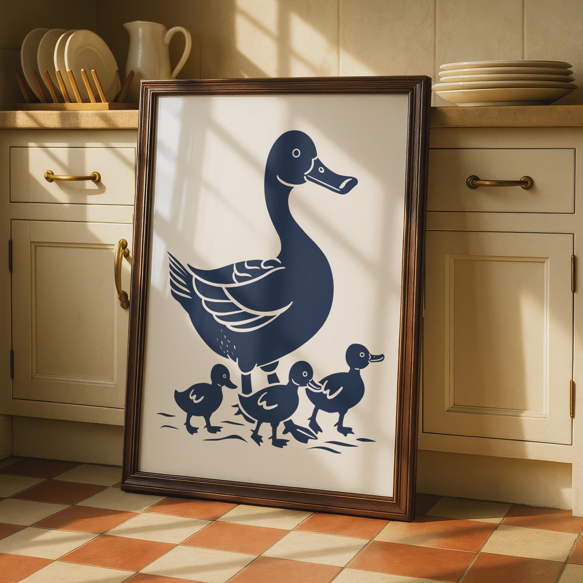 Duck Family Poster, Mother Duck Ducklings Wall Art, Navy Blue Animal Print, Nursery Decor wall art print