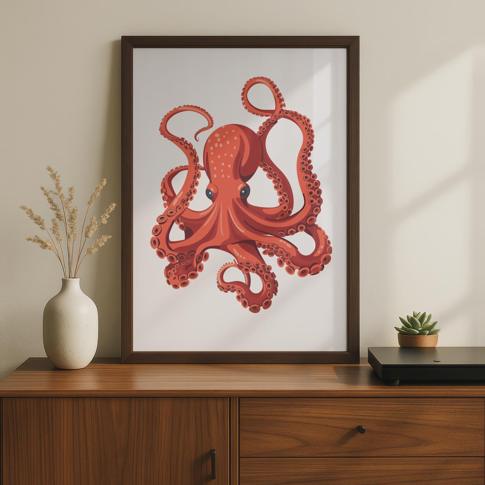 Red Octopus Poster, Ocean Animal Wall Art Print, Sea Creature Nautical Decor wall art print