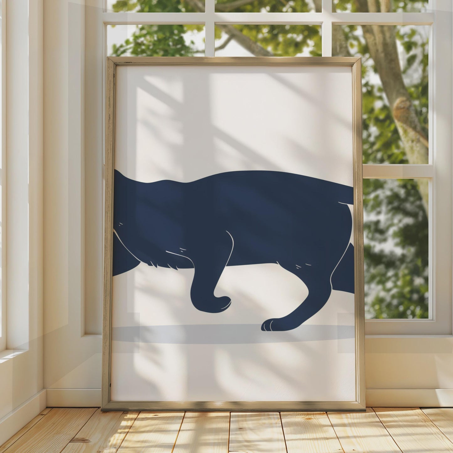 Minimalist Black Cat Print, Navy Blue Animal Wall Art, Sleek Silhouette Poster wall art print