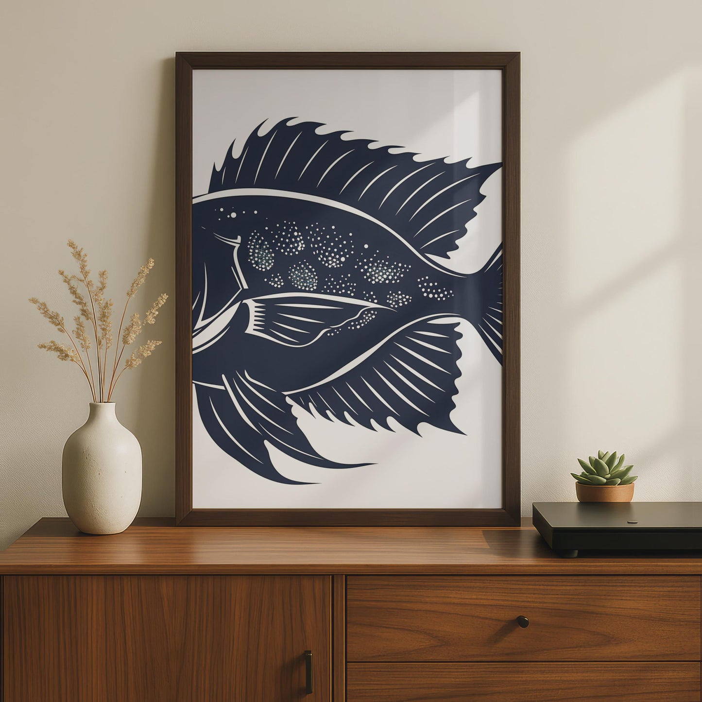 Navy Blue Tropical Fish Print, Minimalist Ocean Wall Art, Woodcut Style Decor wall art print