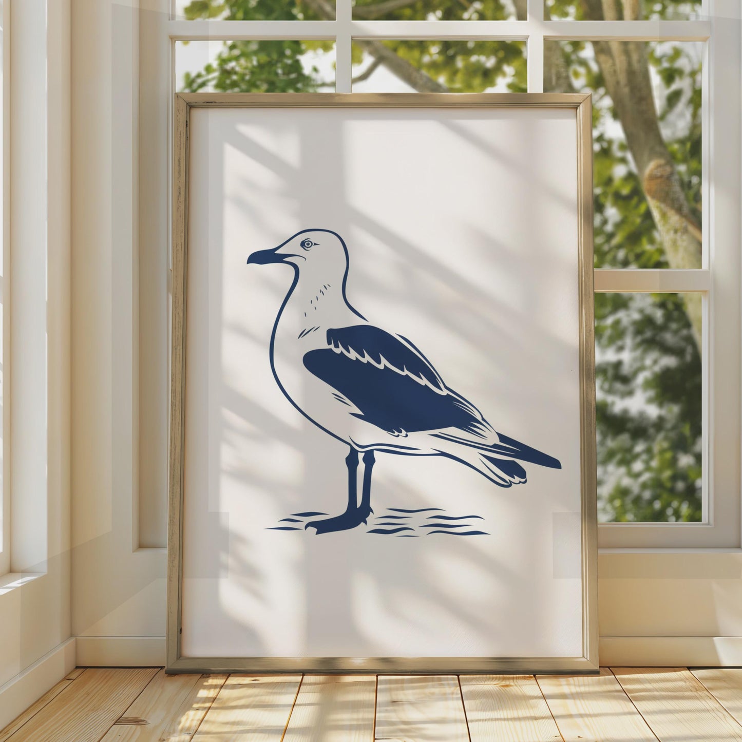 Seagull Poster, Navy Blue Bird Print, Coastal Wall Art, Minimalist Seabird Decor wall art print