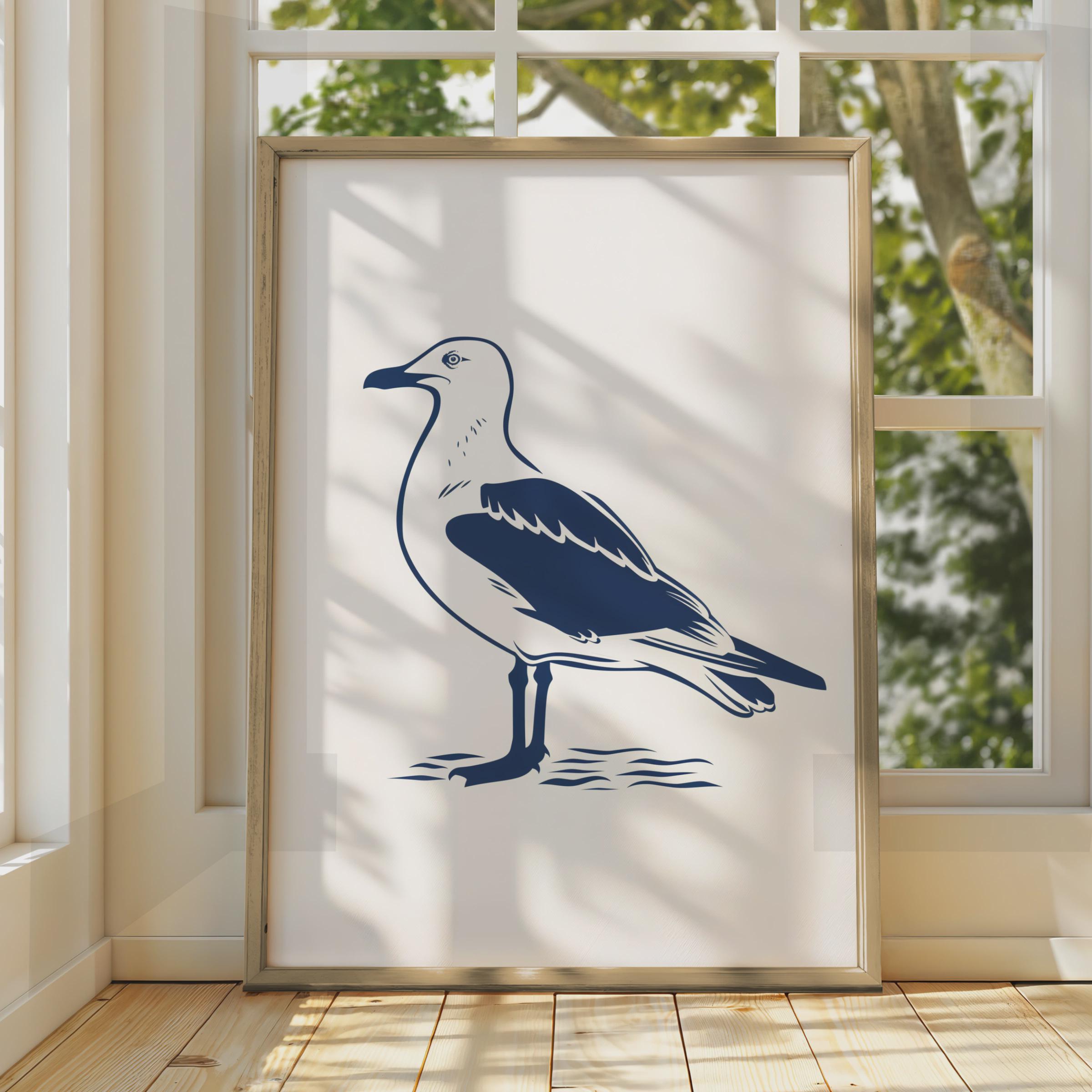 Seagull Poster, Navy Blue Bird Print, Coastal Wall Art, Minimalist Seabird Decor wall art print