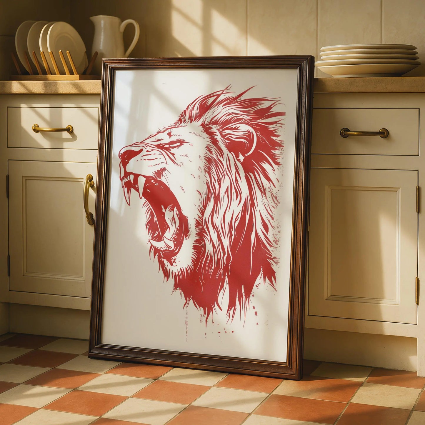 Roaring Lion Poster, Red Animal Print, Bold Lion Wall Art, Wildlife Illustration Decor wall art print