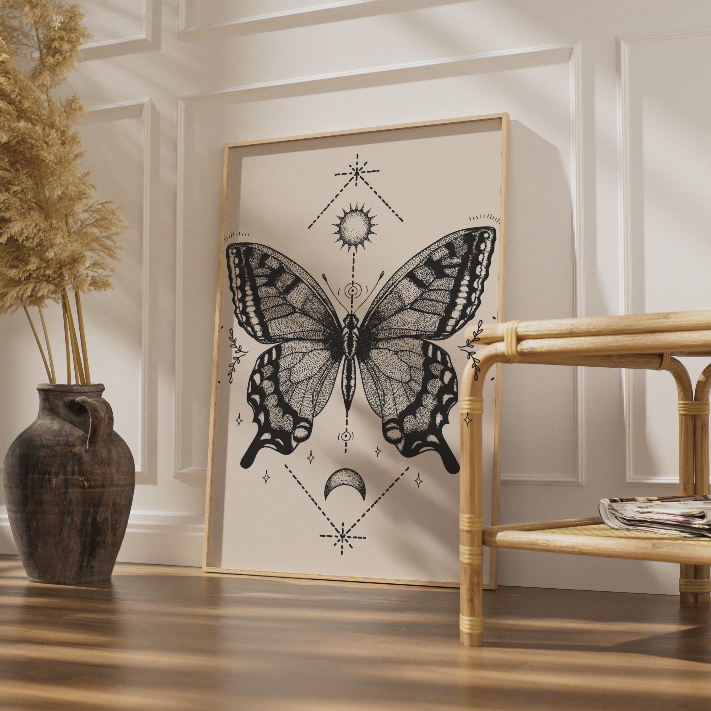 Vintage Butterfly Art Print, Intricate Black and White Butterfly Poster, Mystical Wall Decor wall art print