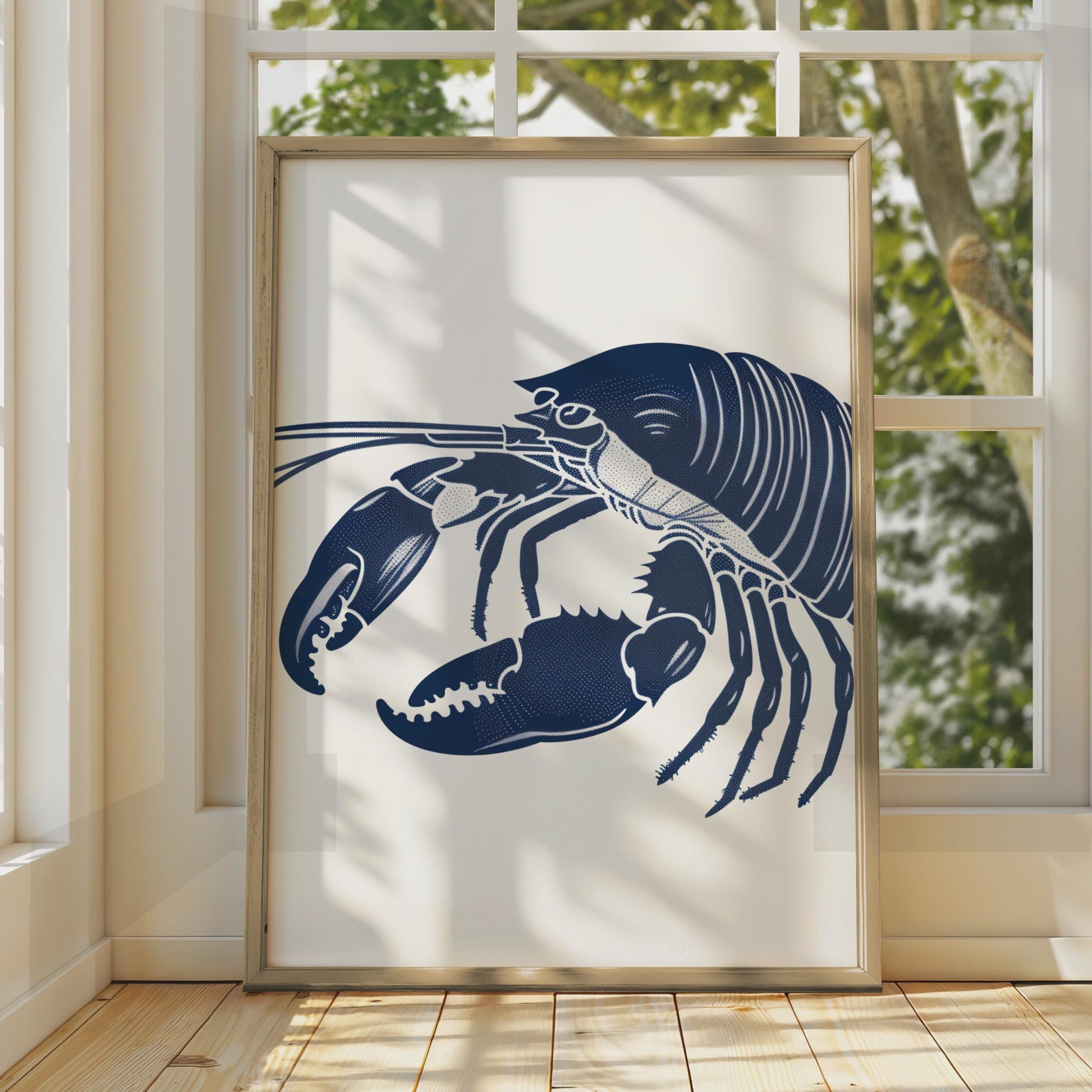 Navy Blue Lobster Illustration Print, Nautical Coastal Animal Wall Art wall art print