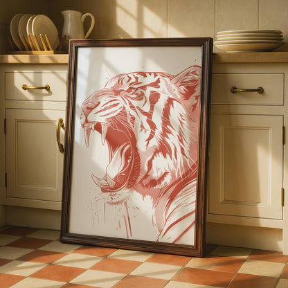 Roaring Tiger Poster, Red Animal Print, Bold Wildlife Wall Art, Modern Big Cat Decor wall art print