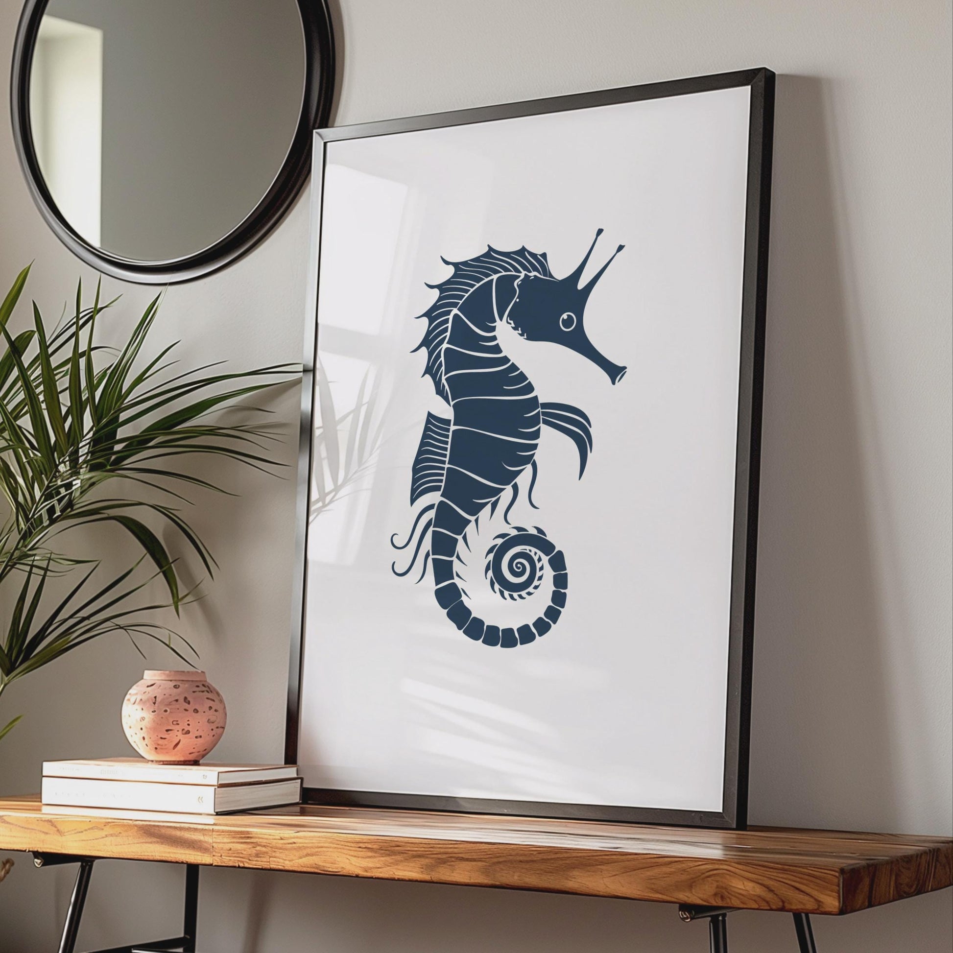 Seahorse Poster, Navy Blue Animal Print, Minimalist Ocean Wall Art, Coastal Decor Gift wall art print