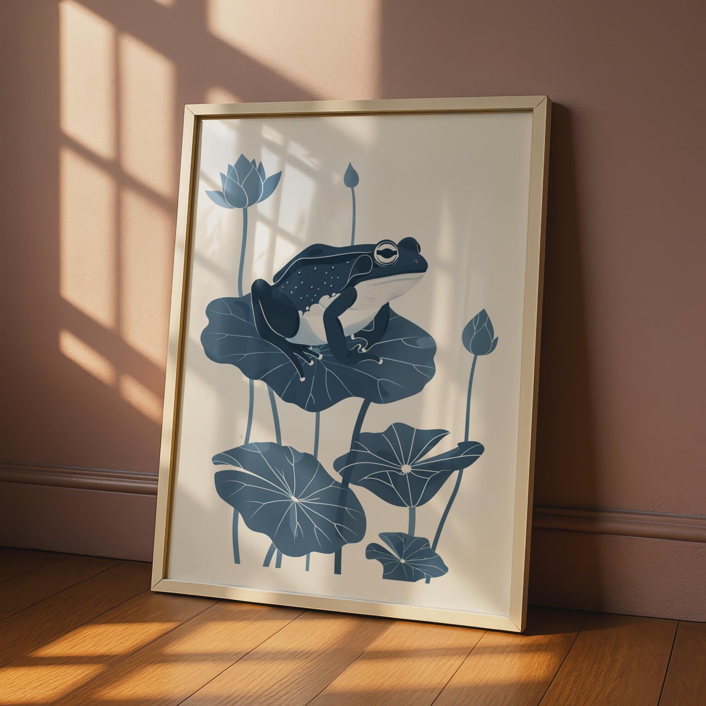 Frog on Lily Pad Poster, Navy Blue Botanical Animal Print, Minimalist Frog Wall Art wall art print