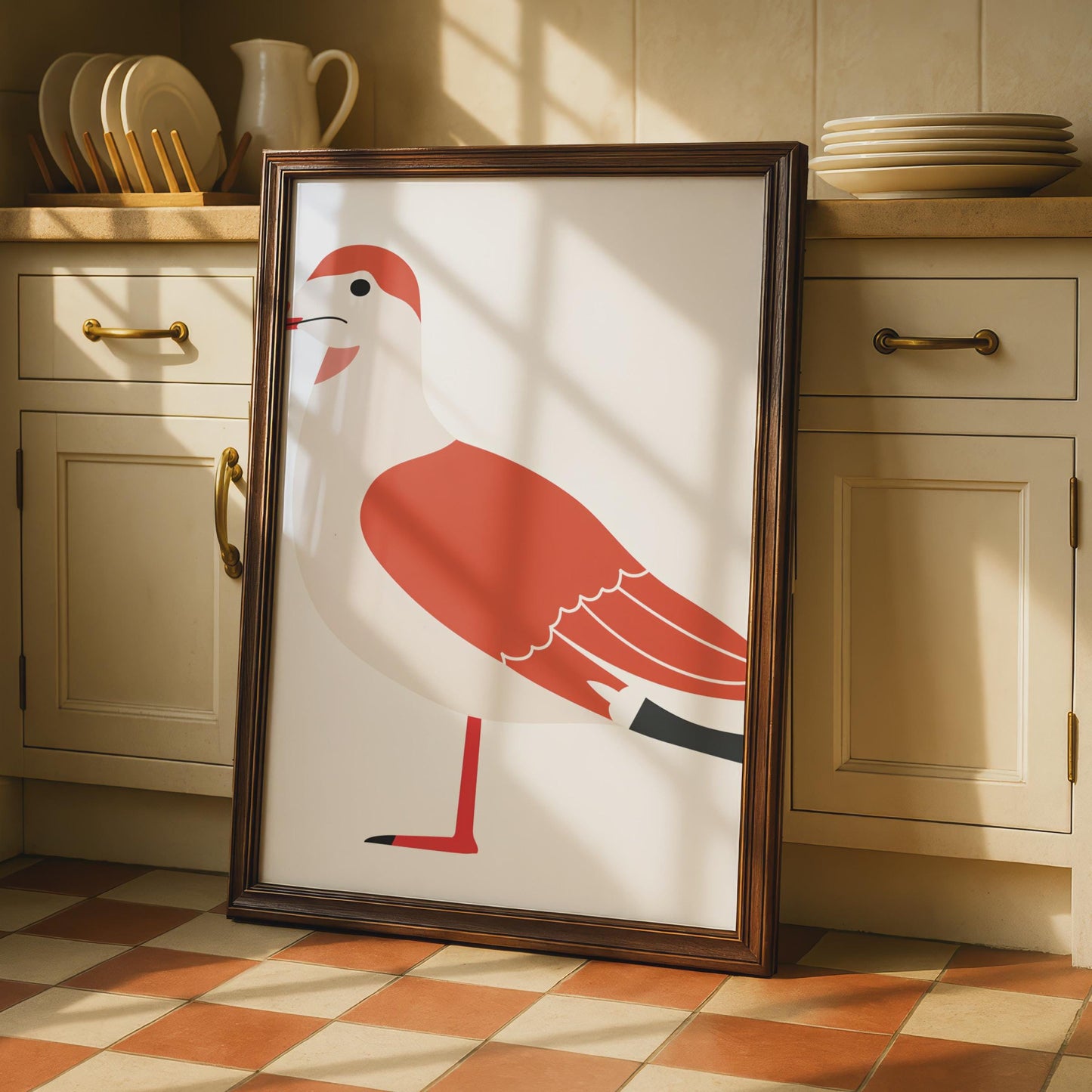 Minimalist Seagull Bird Print, Red White Coastal Wall Art, Modern Animal Illustration wall art print