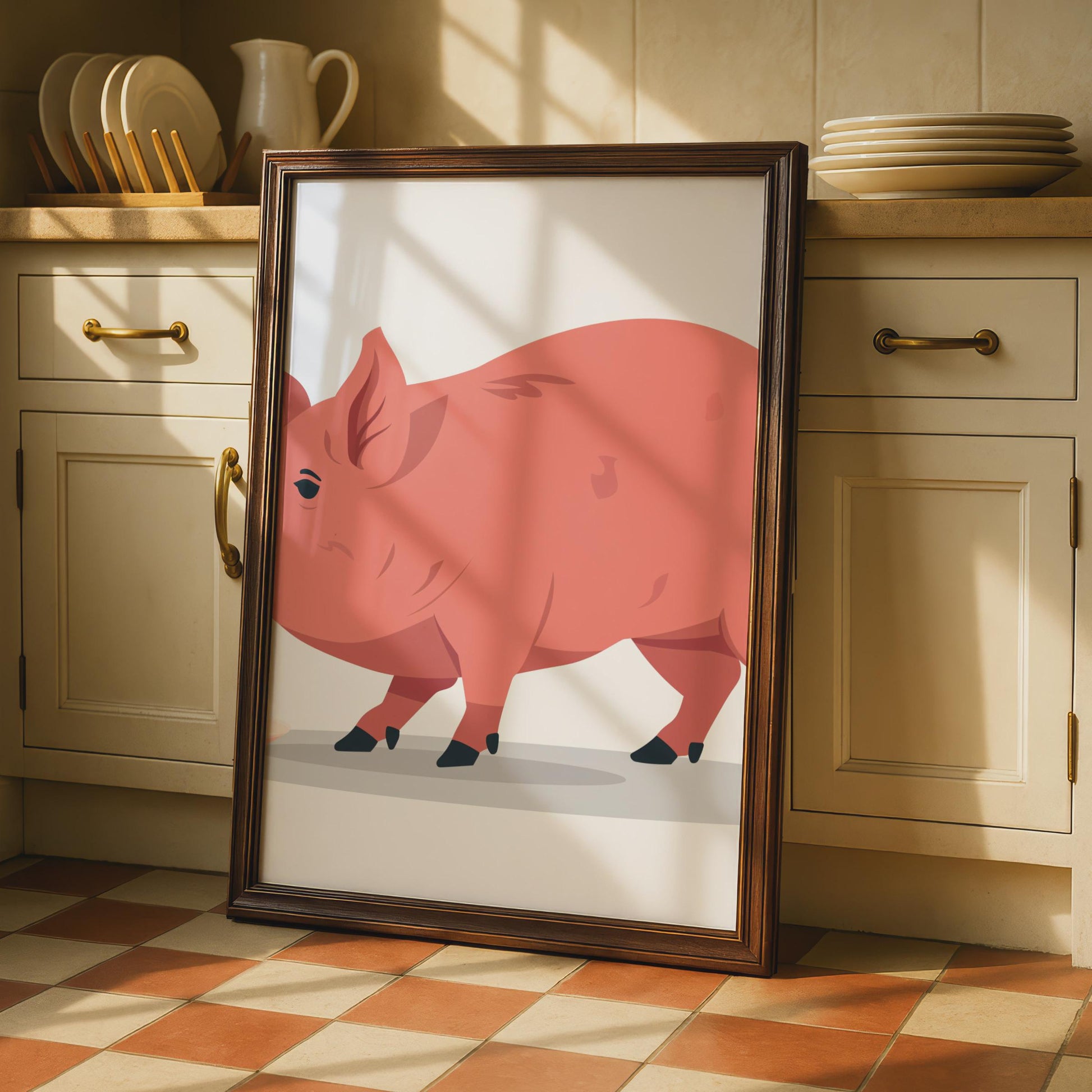 Pink Pig Vector Art Print, Farm Animal Nursery Decor wall art print
