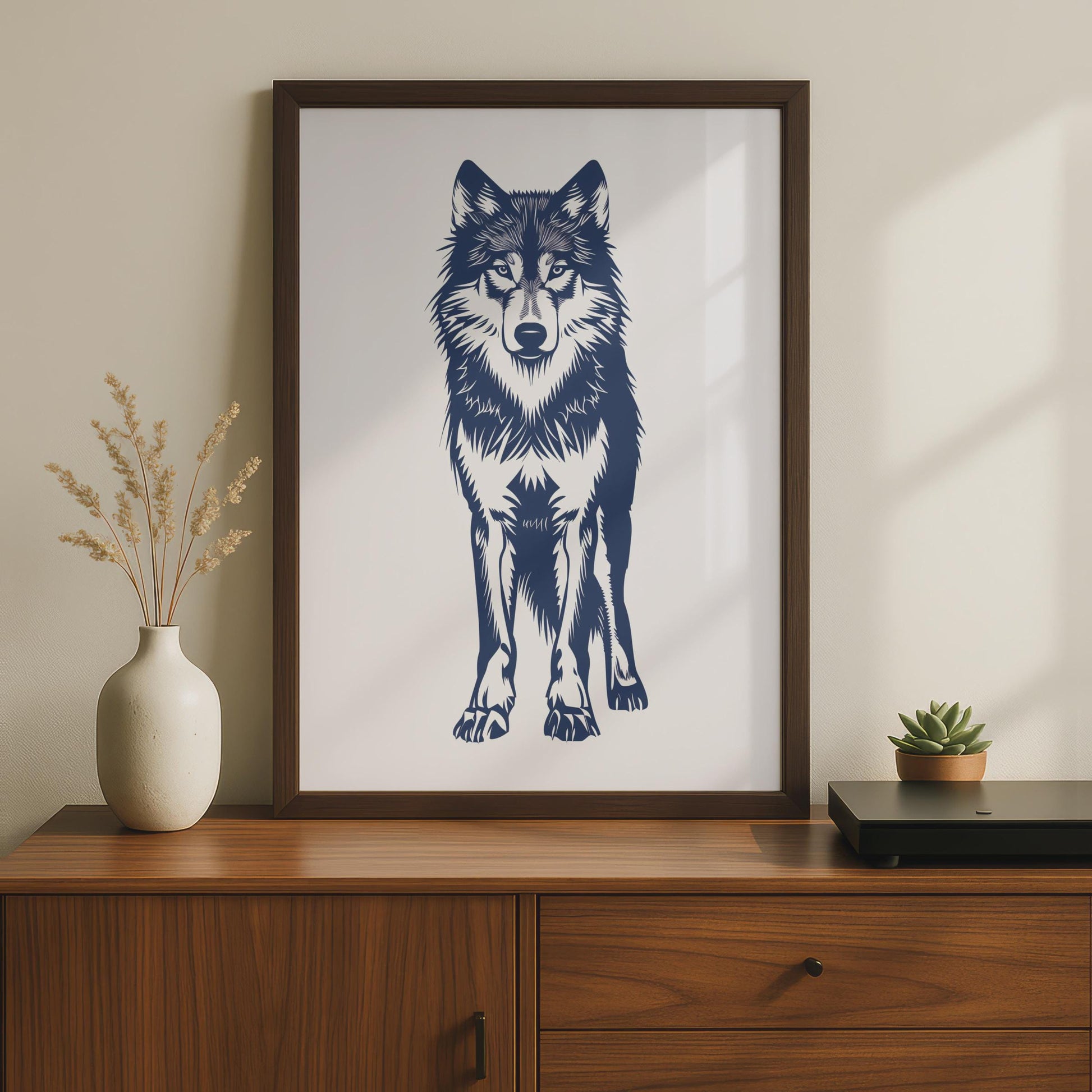 Navy Blue Wolf Print, Minimalist Wildlife Animal Wall Art wall art print
