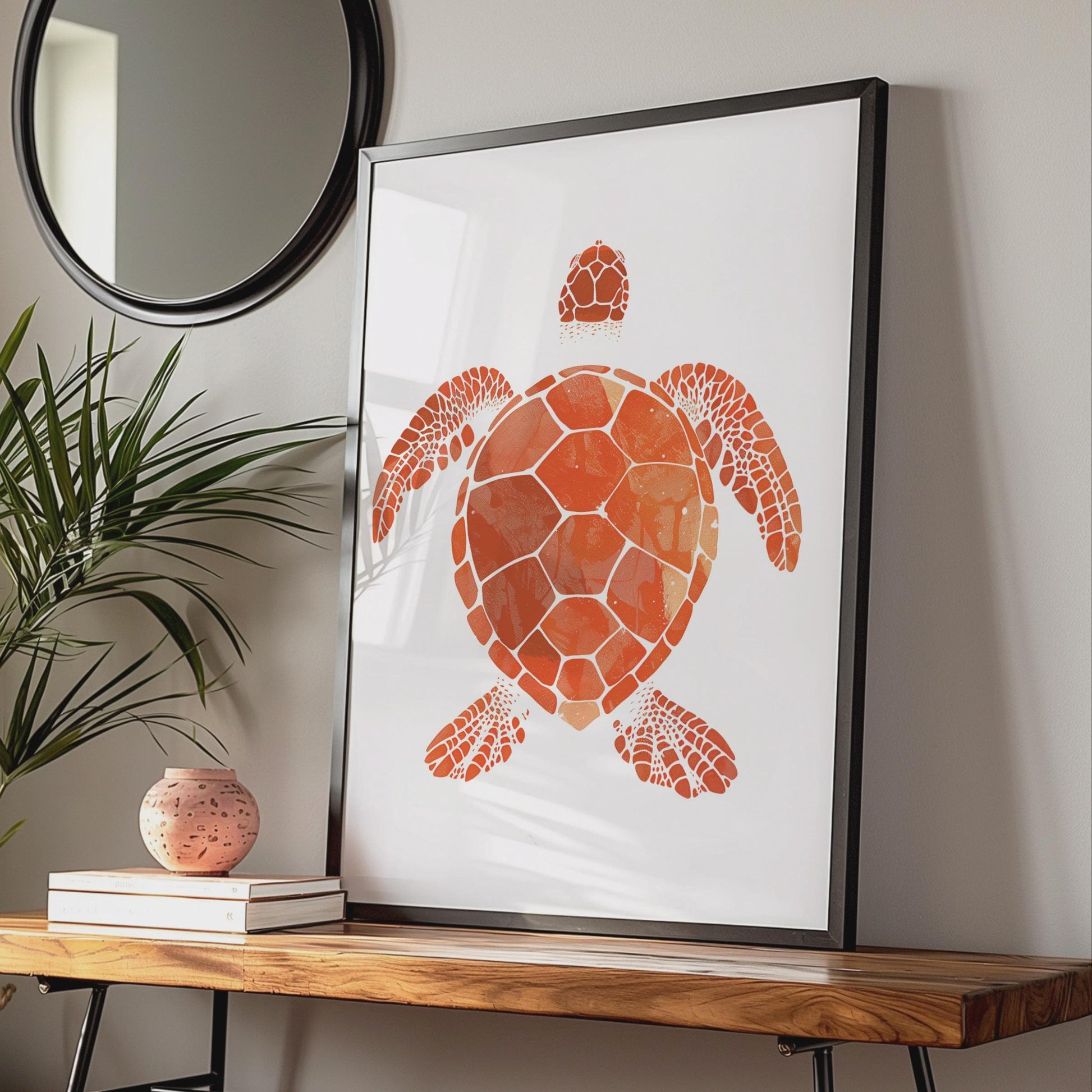 Sea Turtle Poster, Red Orange Animal Print, Minimalist Ocean Wall Art, Coastal Decor wall art print