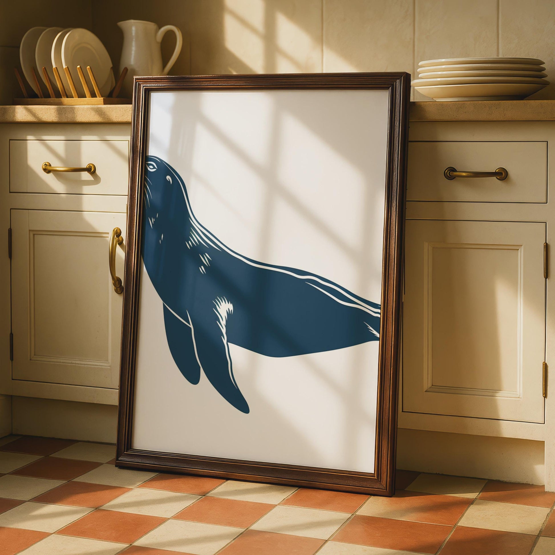 Sea Lion Poster, Navy Blue Animal Print, Minimalist Ocean Wall Art, Coastal Decor wall art print