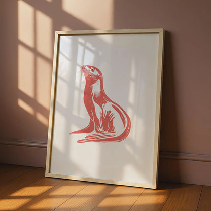 Otter Animal Poster, Coral Red Wildlife Print, Minimalist Otter Wall Art, Nature Decor wall art print