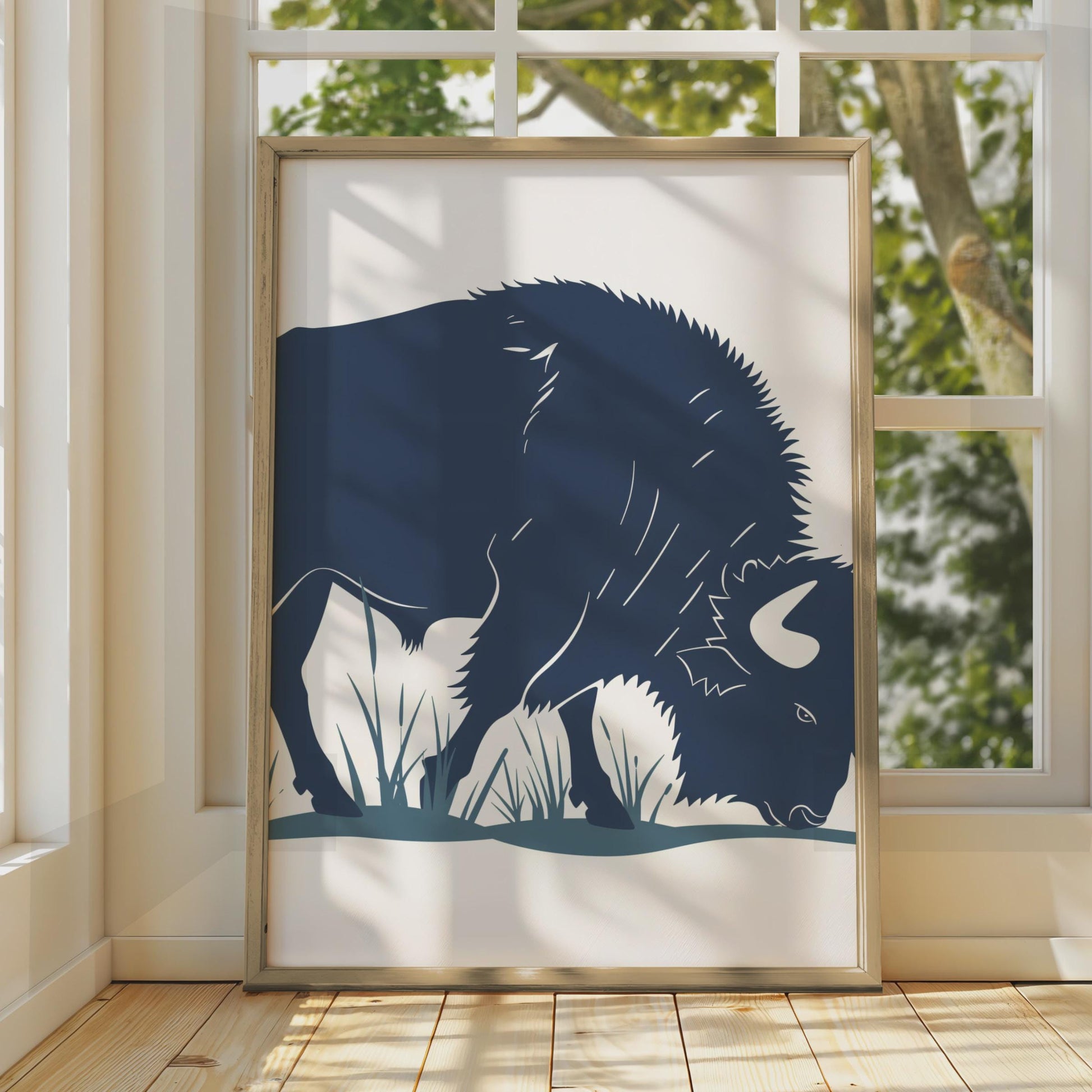 Bison Poster, Navy Blue Buffalo Wall Art, Grazing Bison Print, Wildlife Animal Decor wall art print
