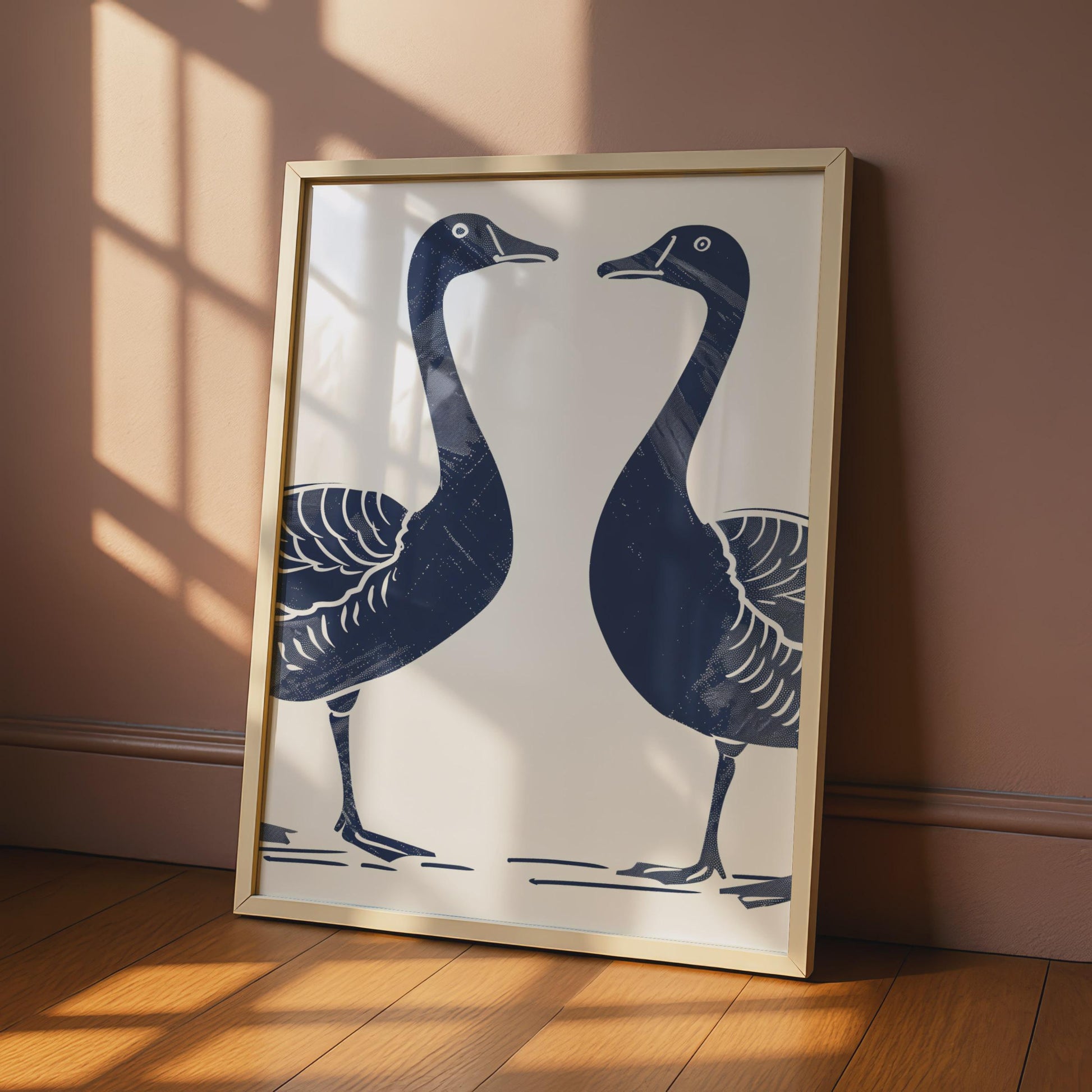 Goose Pair Poster, Navy Blue Bird Print, Minimalist Animal Wall Art, Linocut Style Geese wall art print