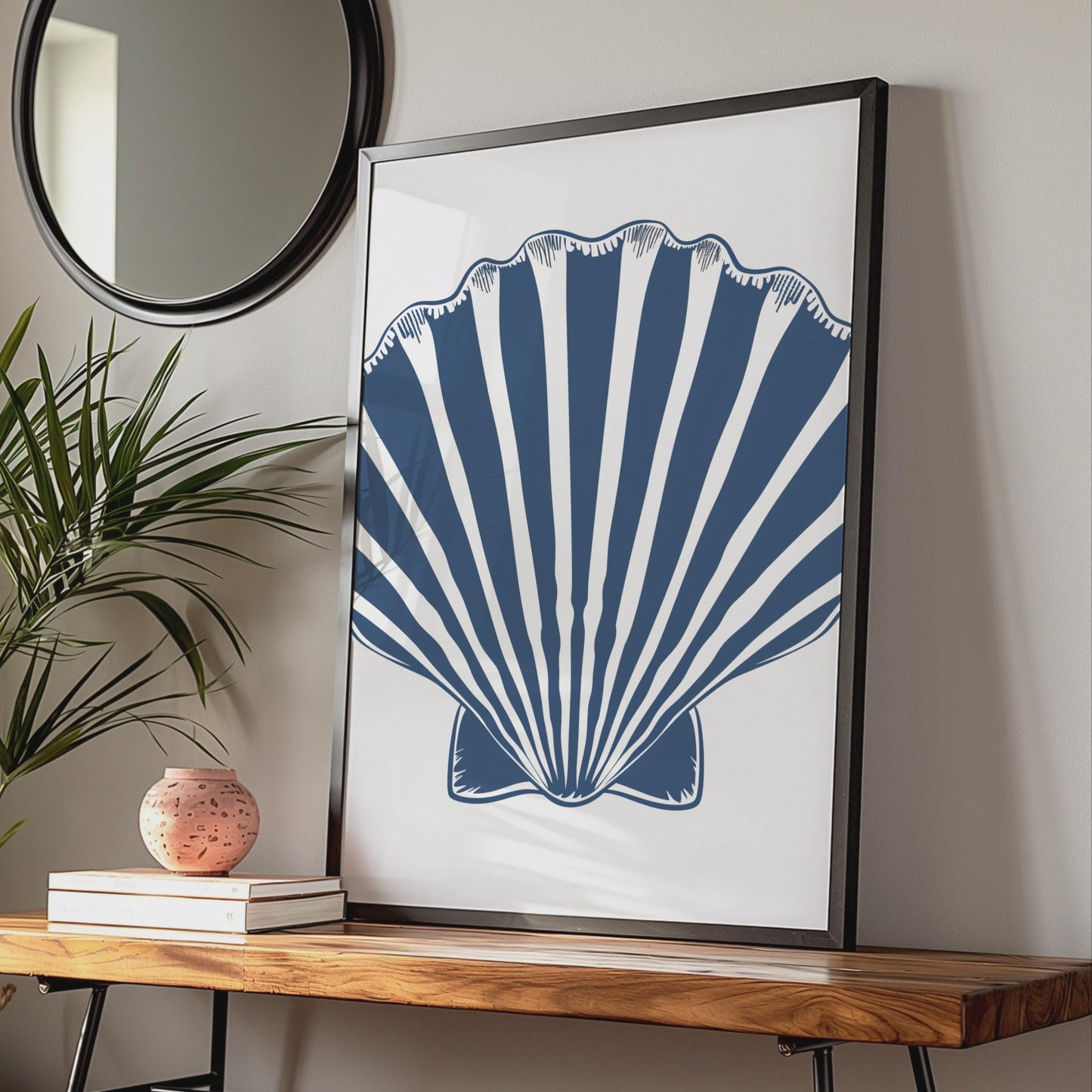 Scallop Shell Poster, Navy Blue Nautical Wall Art, Coastal Animal Print, Beach Home Decor wall art print
