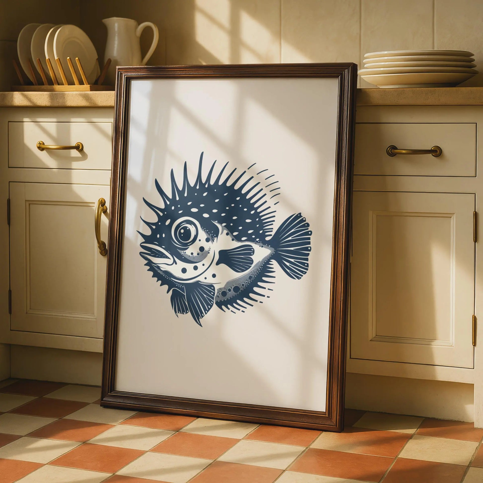 Puffer Fish Poster, Navy Blue Ocean Animal Print, Minimalist Sea Life Wall Art wall art print