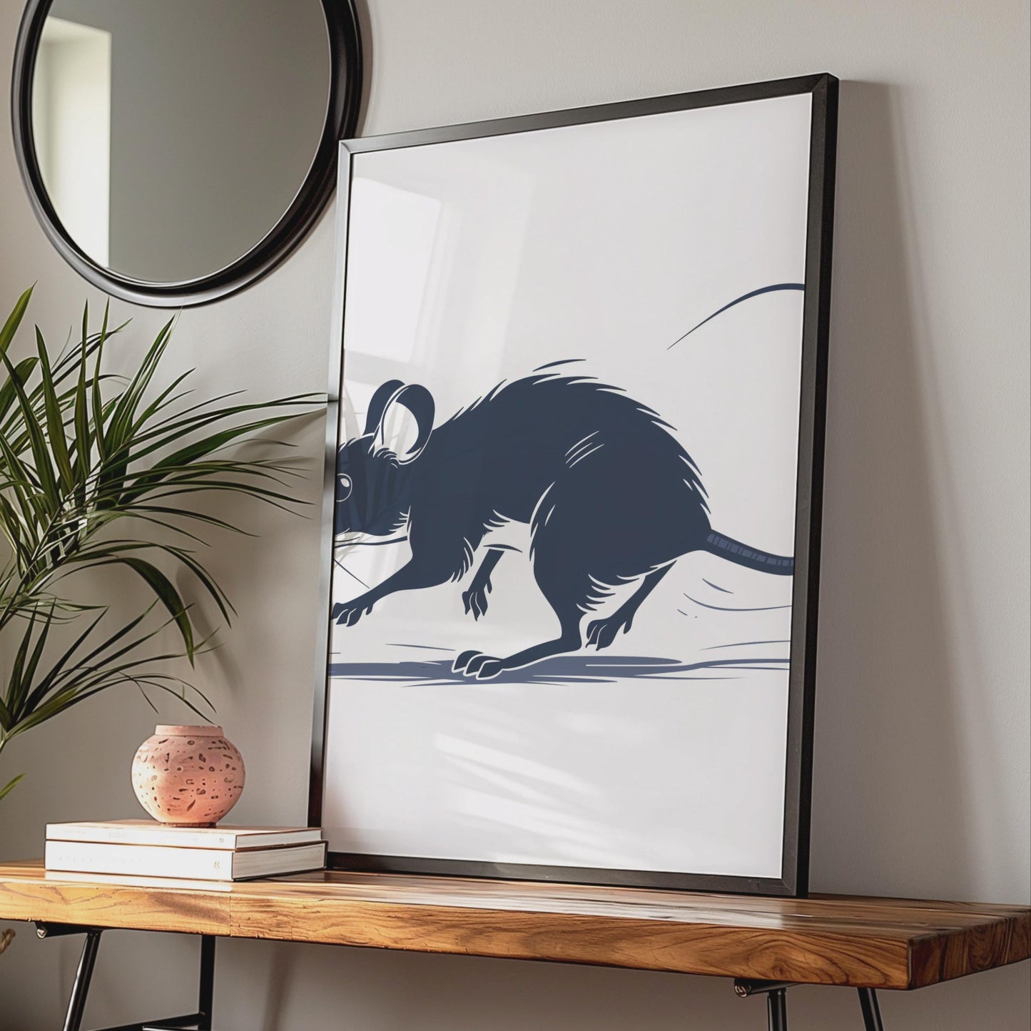 Navy Blue Rat Illustration Print, Minimalist Rodent Wall Art, Dark Ink Style Decor wall art print