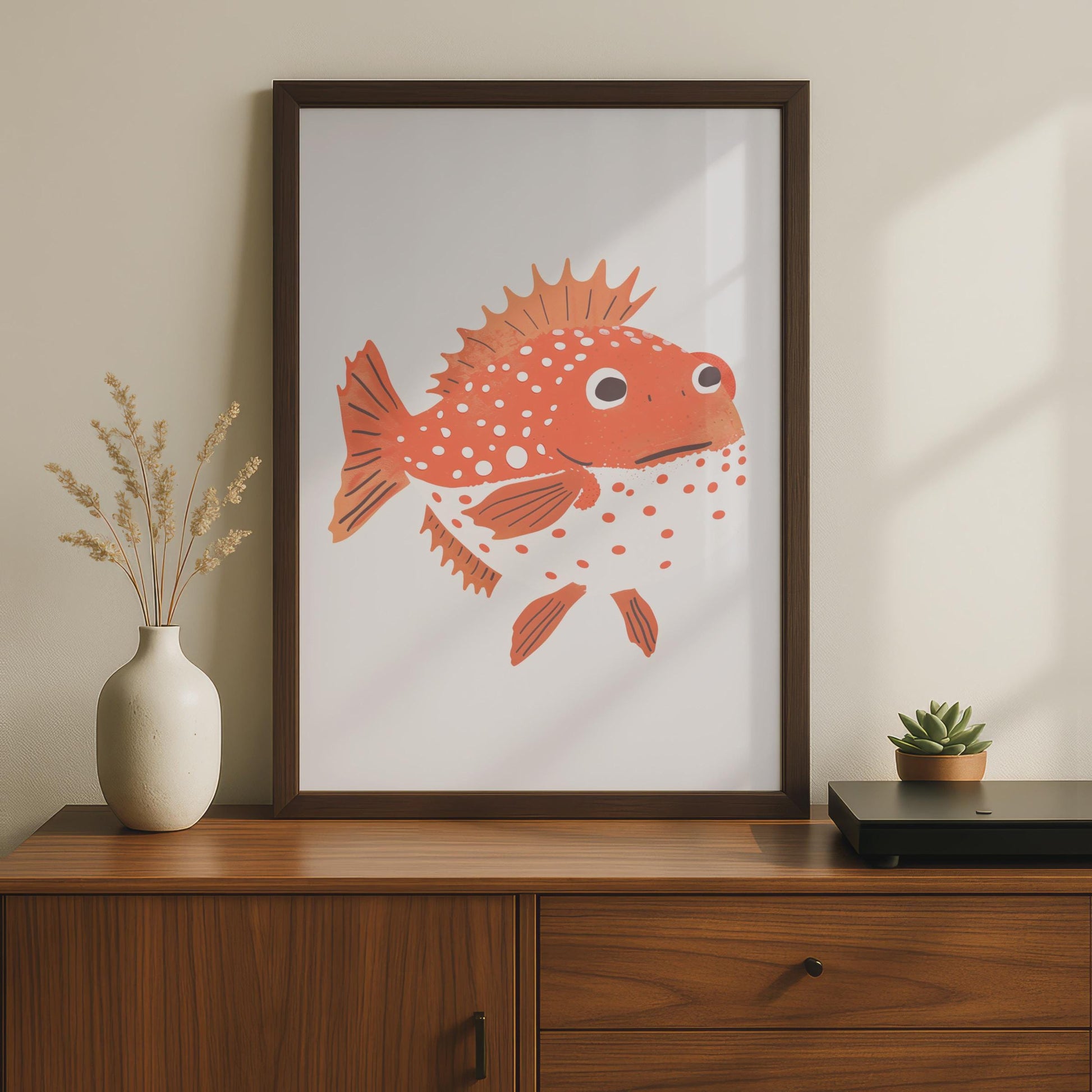 Spiky Orange Fish Print, Quirky Sea Creature Wall Art, Kids Room Decor wall art print