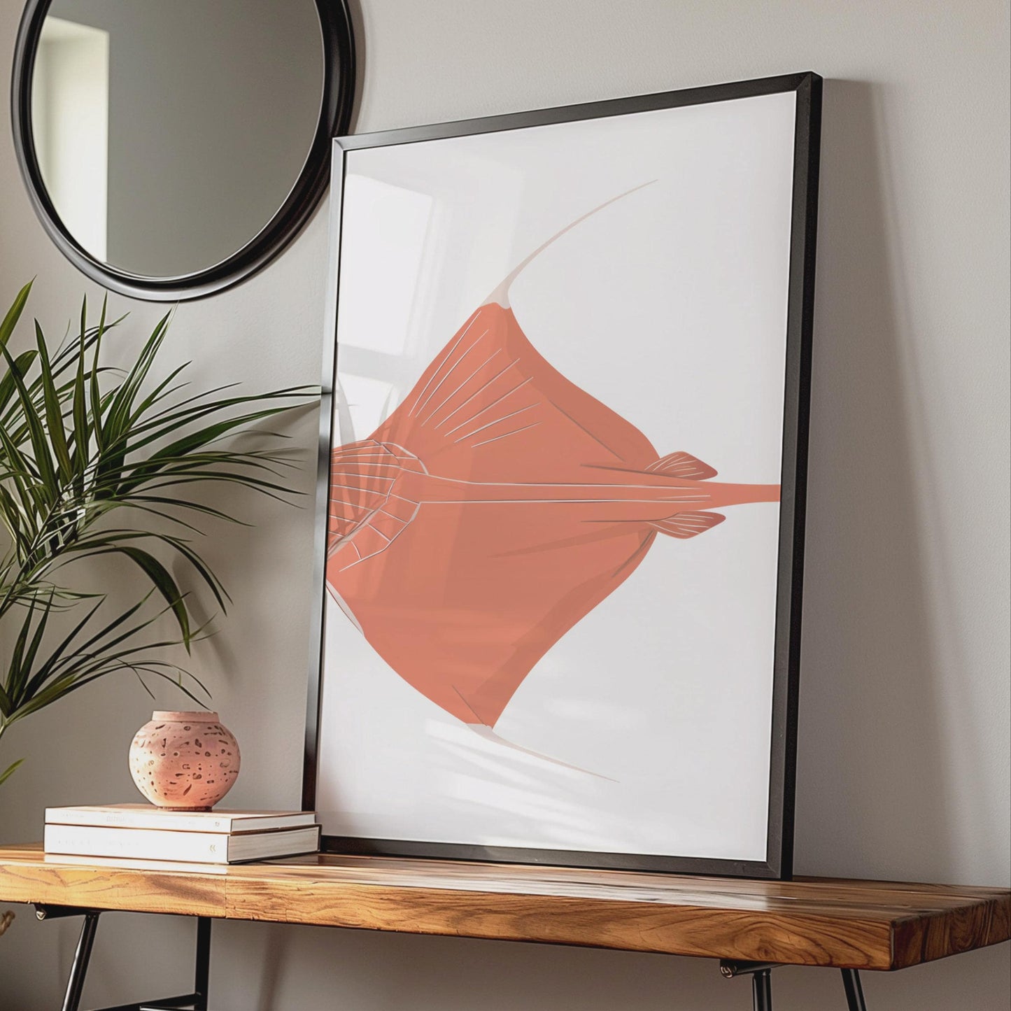 Stingray Poster, Coral Red Ray Fish Print, Ocean Animal Wall Art, Minimalist Sea Life wall art print