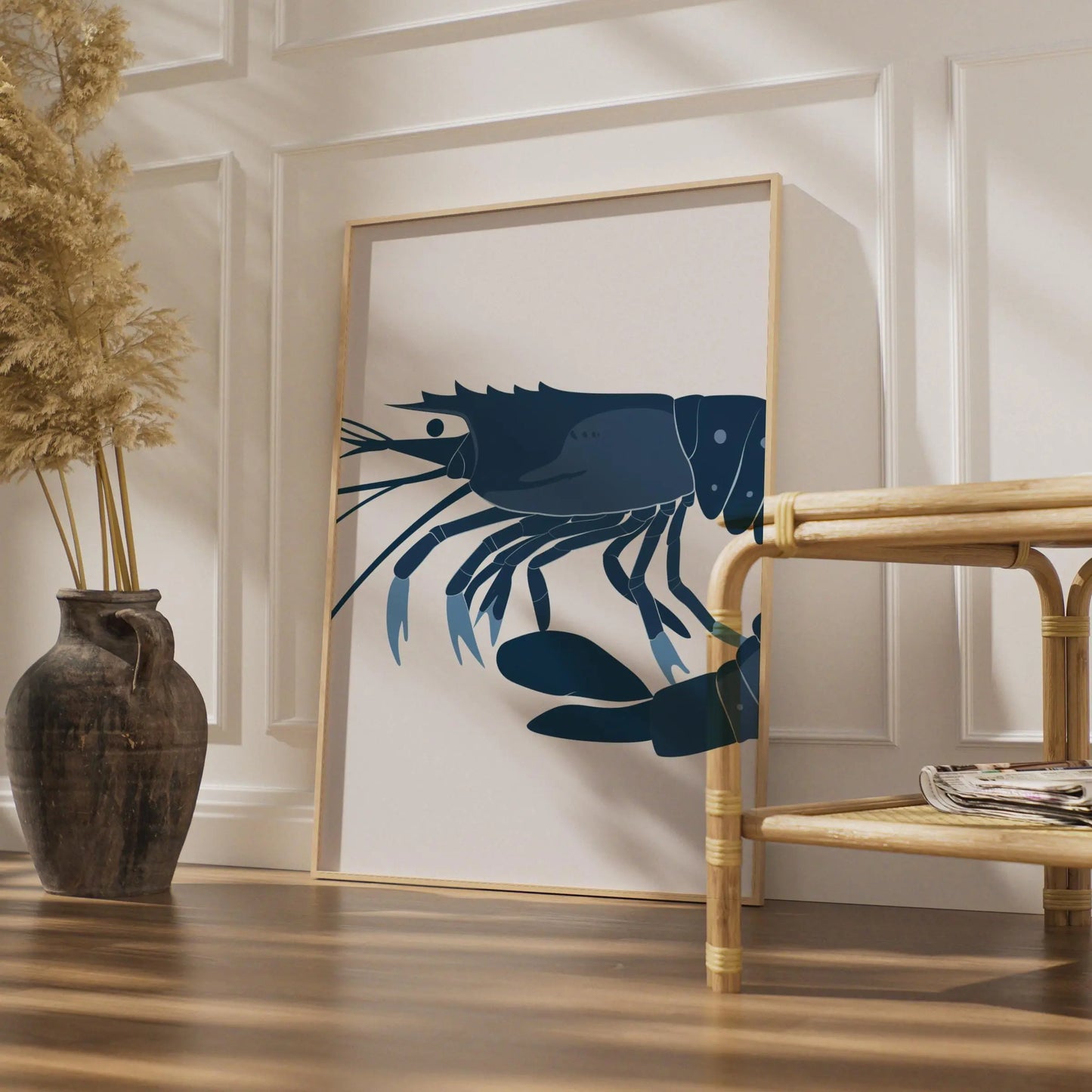 Shrimp Poster, Navy Blue Prawn Wall Art Print, Minimalist Ocean Animal Art, Coastal Decor wall art print