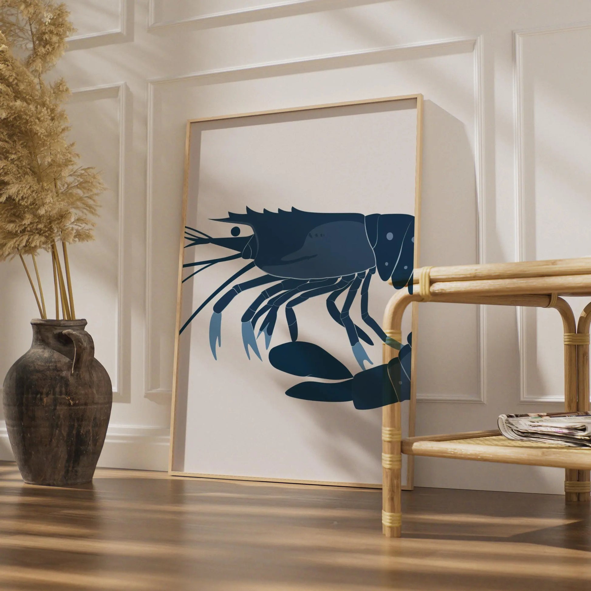 Shrimp Poster, Navy Blue Prawn Wall Art Print, Minimalist Ocean Animal Art, Coastal Decor wall art print