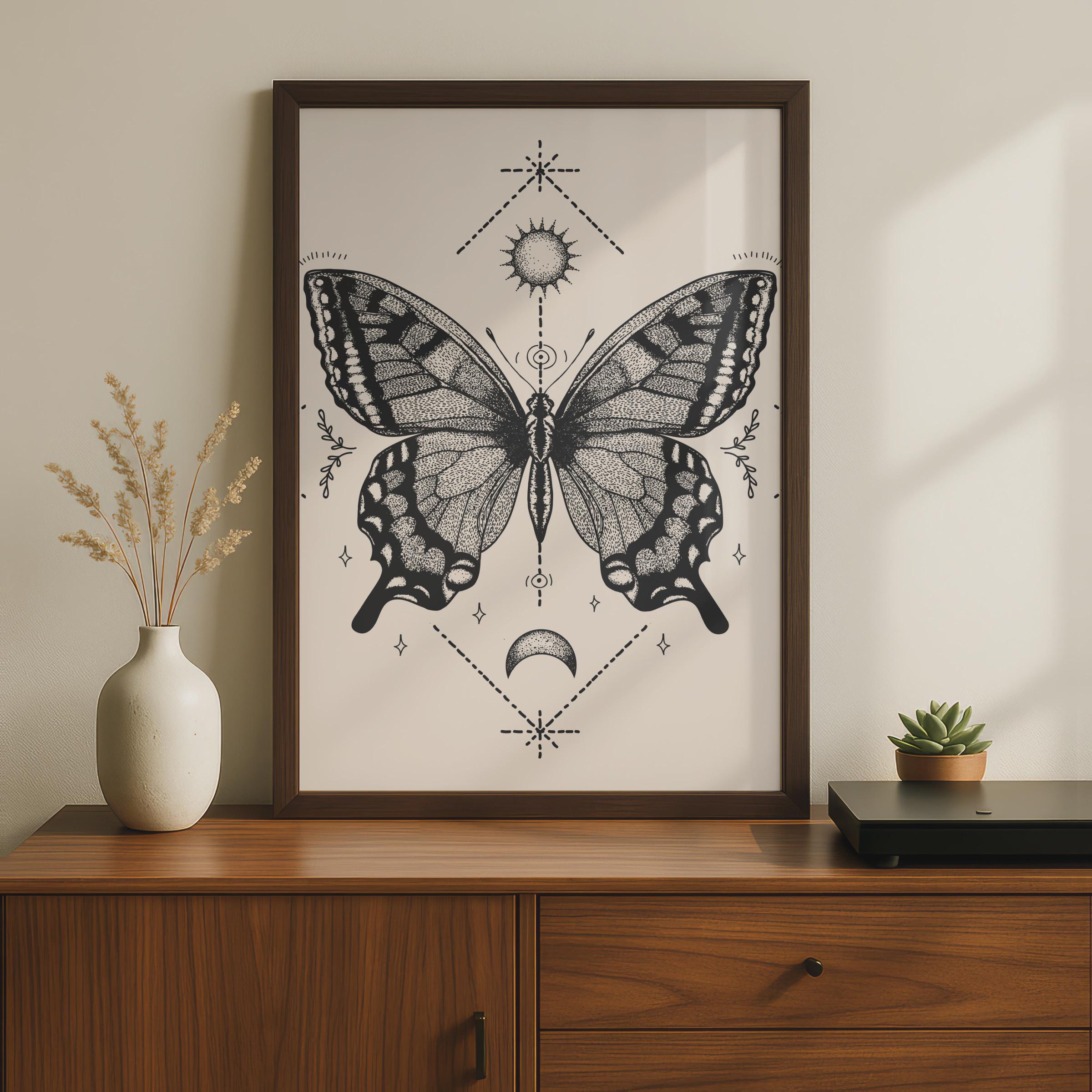 Vintage Butterfly Art Print, Intricate Black and White Butterfly Poster, Mystical Wall Decor wall art print