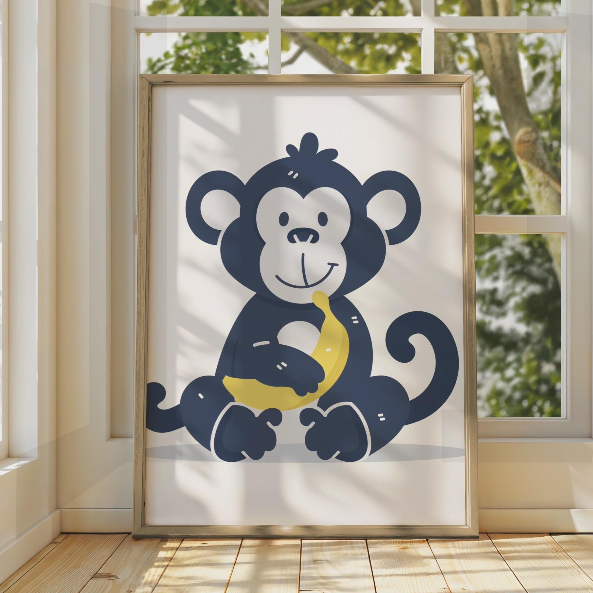 Cartoon Monkey Banana Print, Kids Animal Nursery Wall Art wall art print