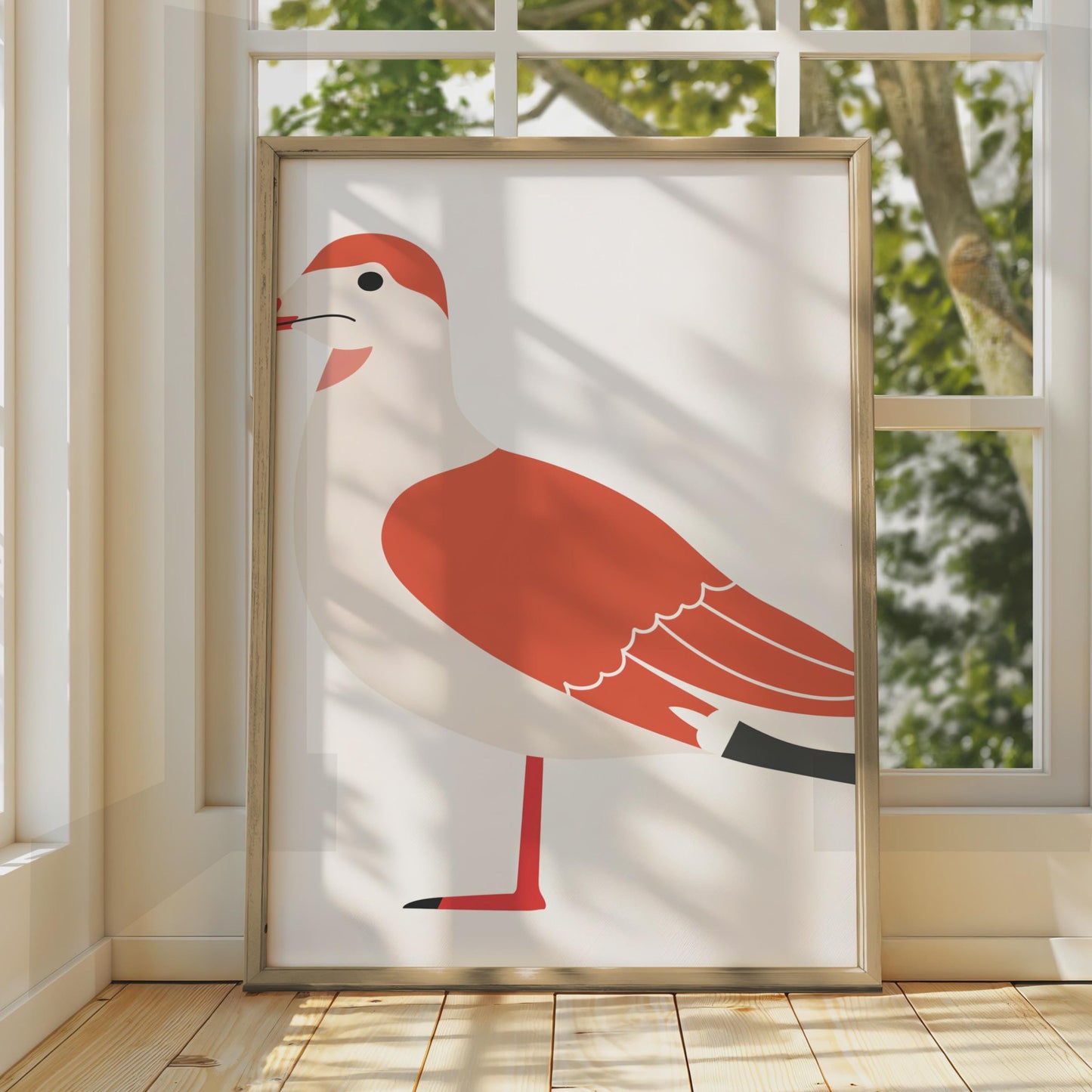 Minimalist Seagull Bird Print, Red White Coastal Wall Art, Modern Animal Illustration wall art print