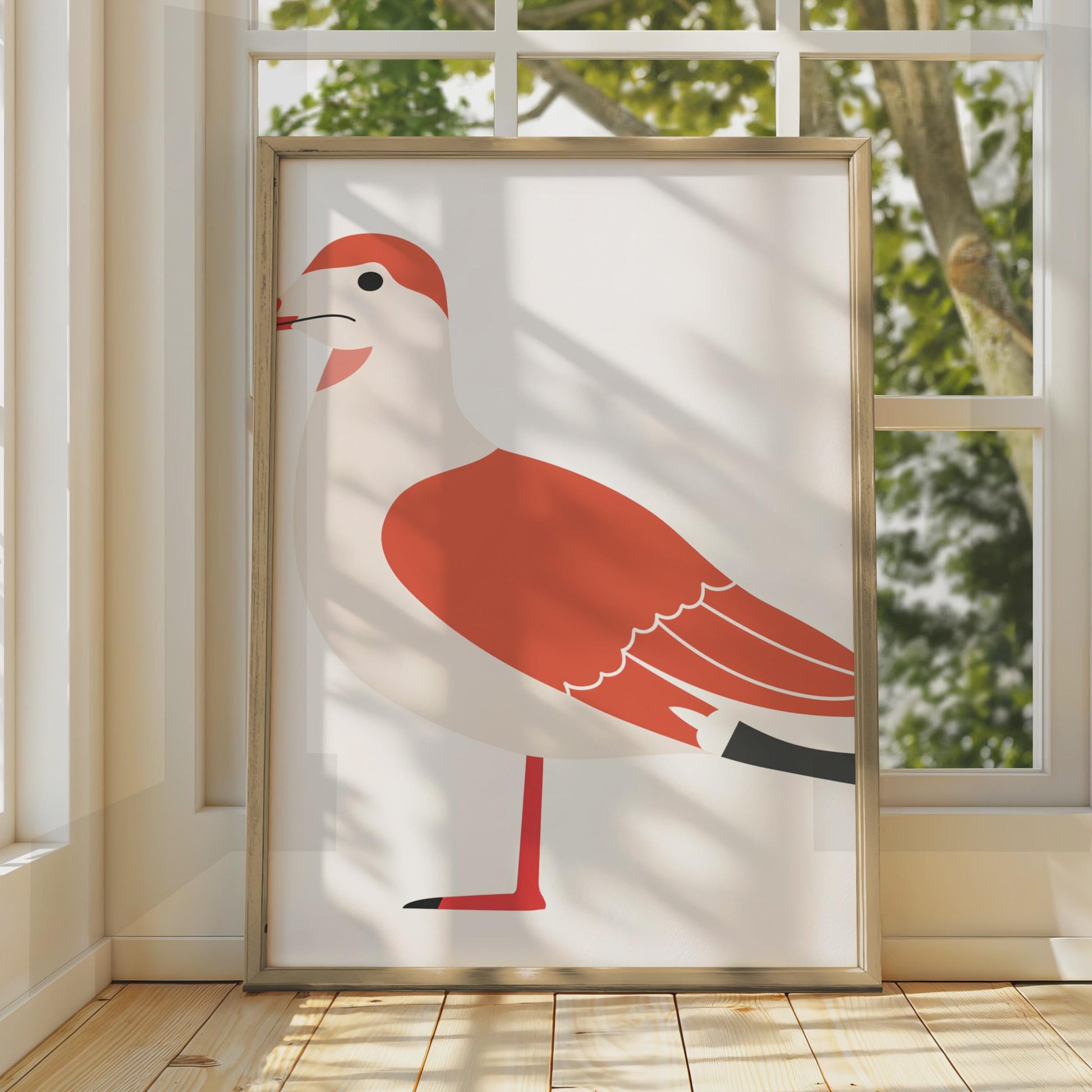 Minimalist Seagull Bird Print, Red White Coastal Wall Art, Modern Animal Illustration wall art print