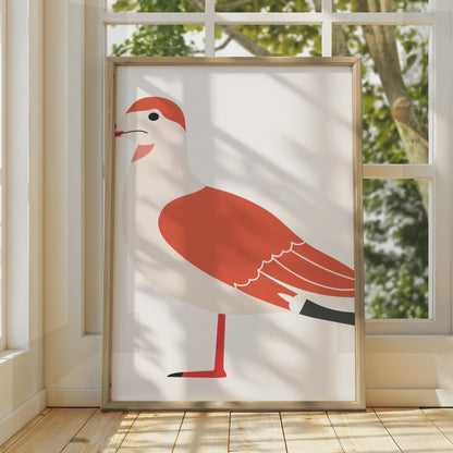 Minimalist Seagull Bird Print, Red White Coastal Wall Art, Modern Animal Illustration wall art print