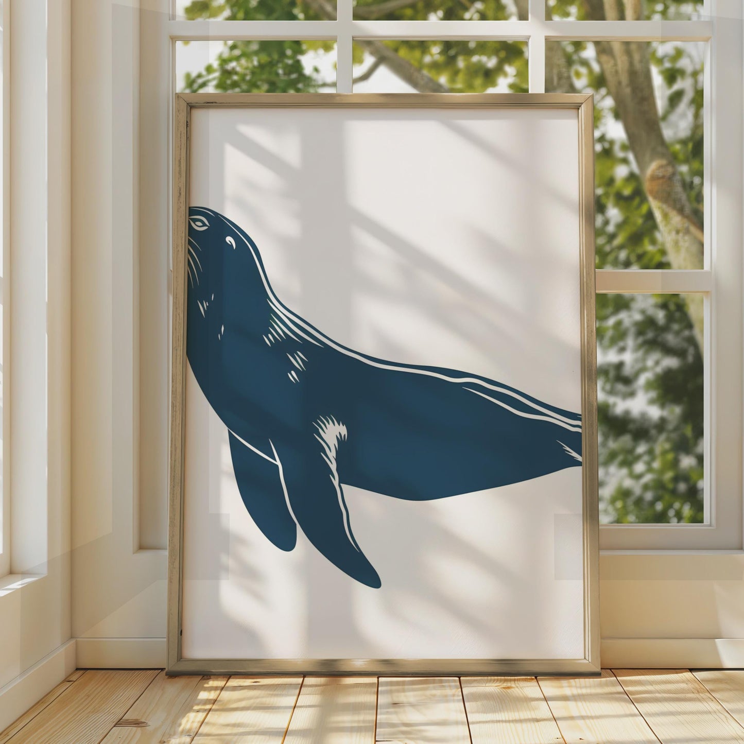 Sea Lion Poster, Navy Blue Animal Print, Minimalist Ocean Wall Art, Coastal Decor wall art print
