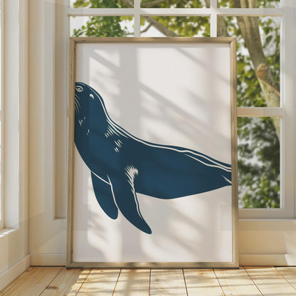 Sea Lion Poster, Navy Blue Animal Print, Minimalist Ocean Wall Art, Coastal Decor wall art print
