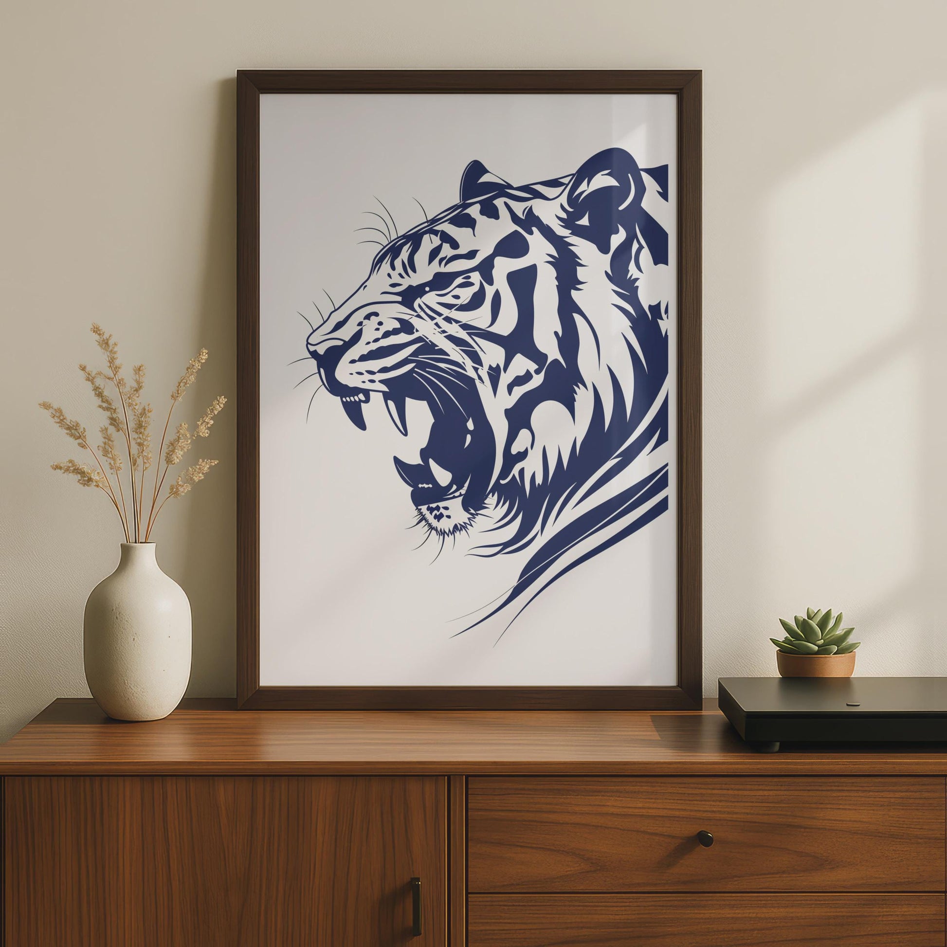 Roaring Tiger Poster, Navy Blue Animal Print, Bold Wildlife Wall Art, Big Cat Decor wall art print
