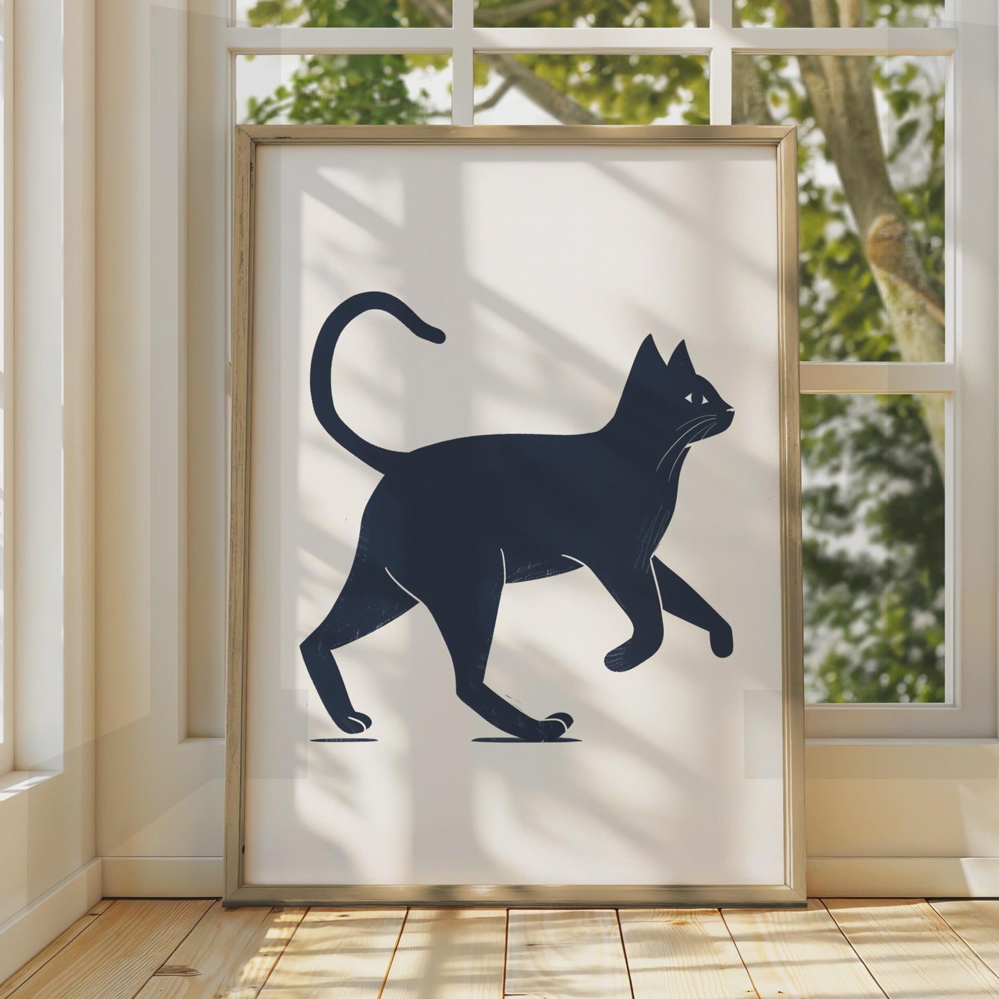 Minimalist Black Cat Print, Navy Blue Walking Animal Art, Linocut Style Poster wall art print