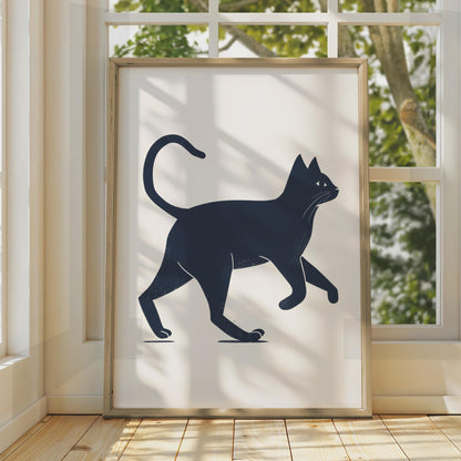 Minimalist Black Cat Print, Navy Blue Walking Animal Art, Linocut Style Poster wall art print