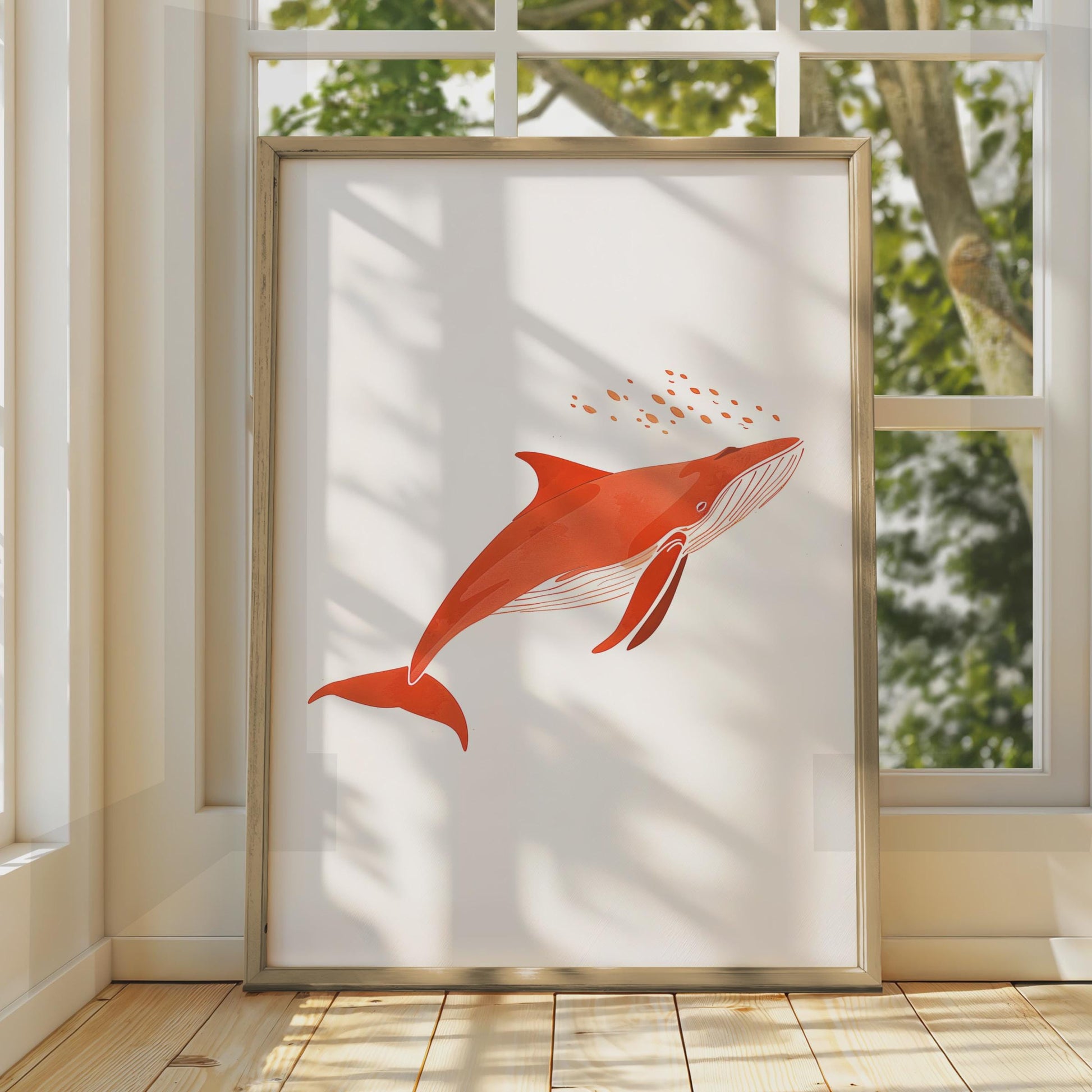 Red Humpback Whale Art Print, Minimalist Ocean Animal Poster wall art print