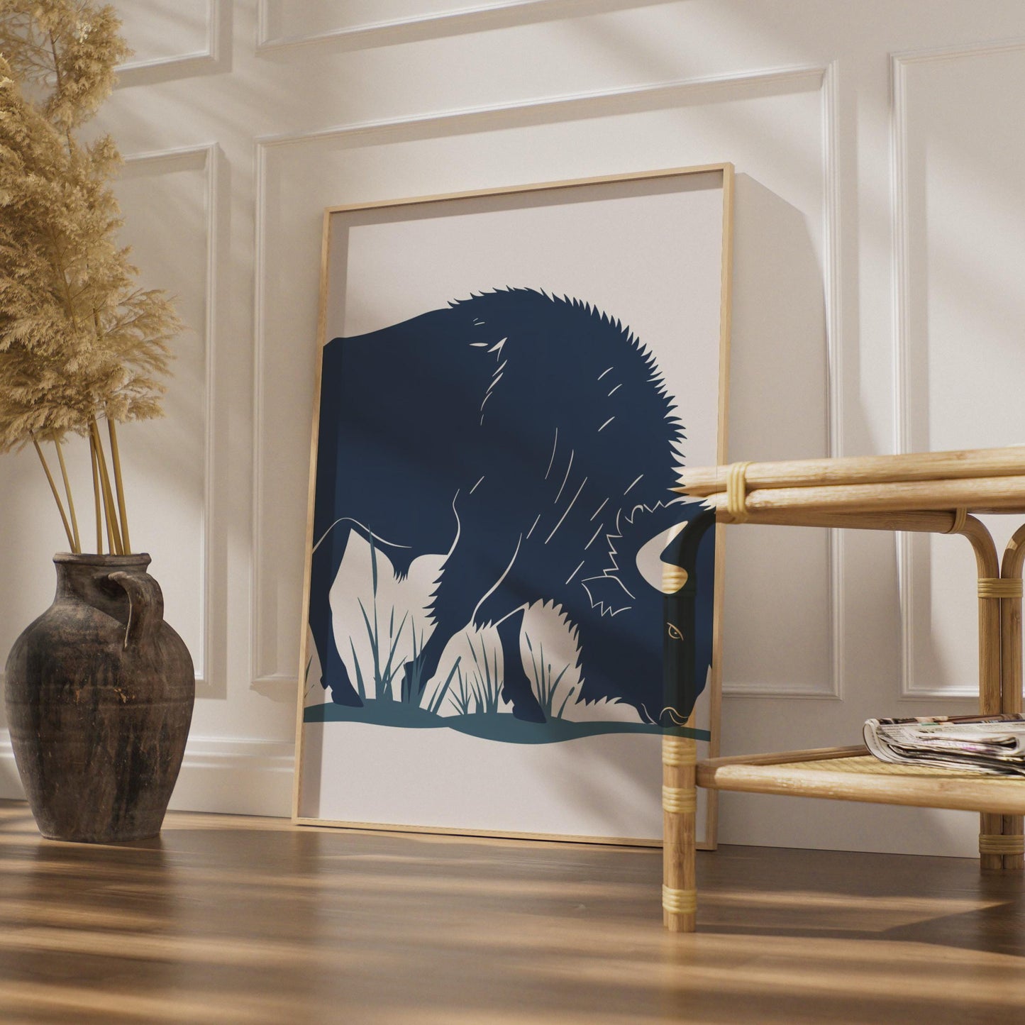 Bison Poster, Navy Blue Buffalo Wall Art, Grazing Bison Print, Wildlife Animal Decor wall art print