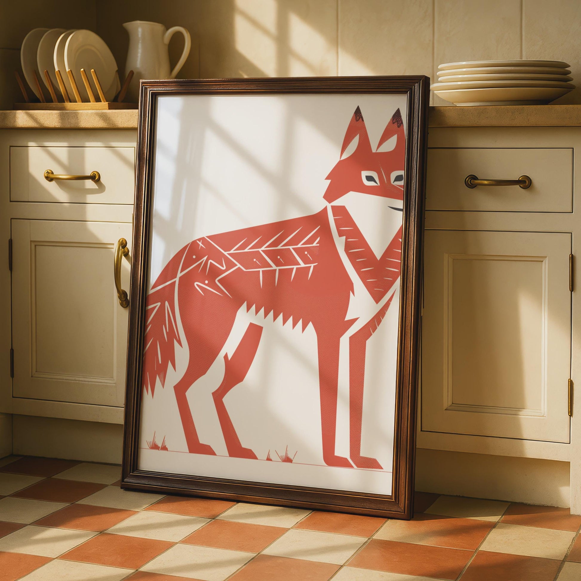 Minimalist Red Fox Art Print, Terracotta Folk Linocut Style Poster wall art print